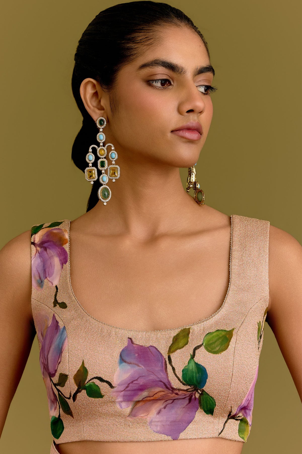 Beige Hand Painted Saree Set