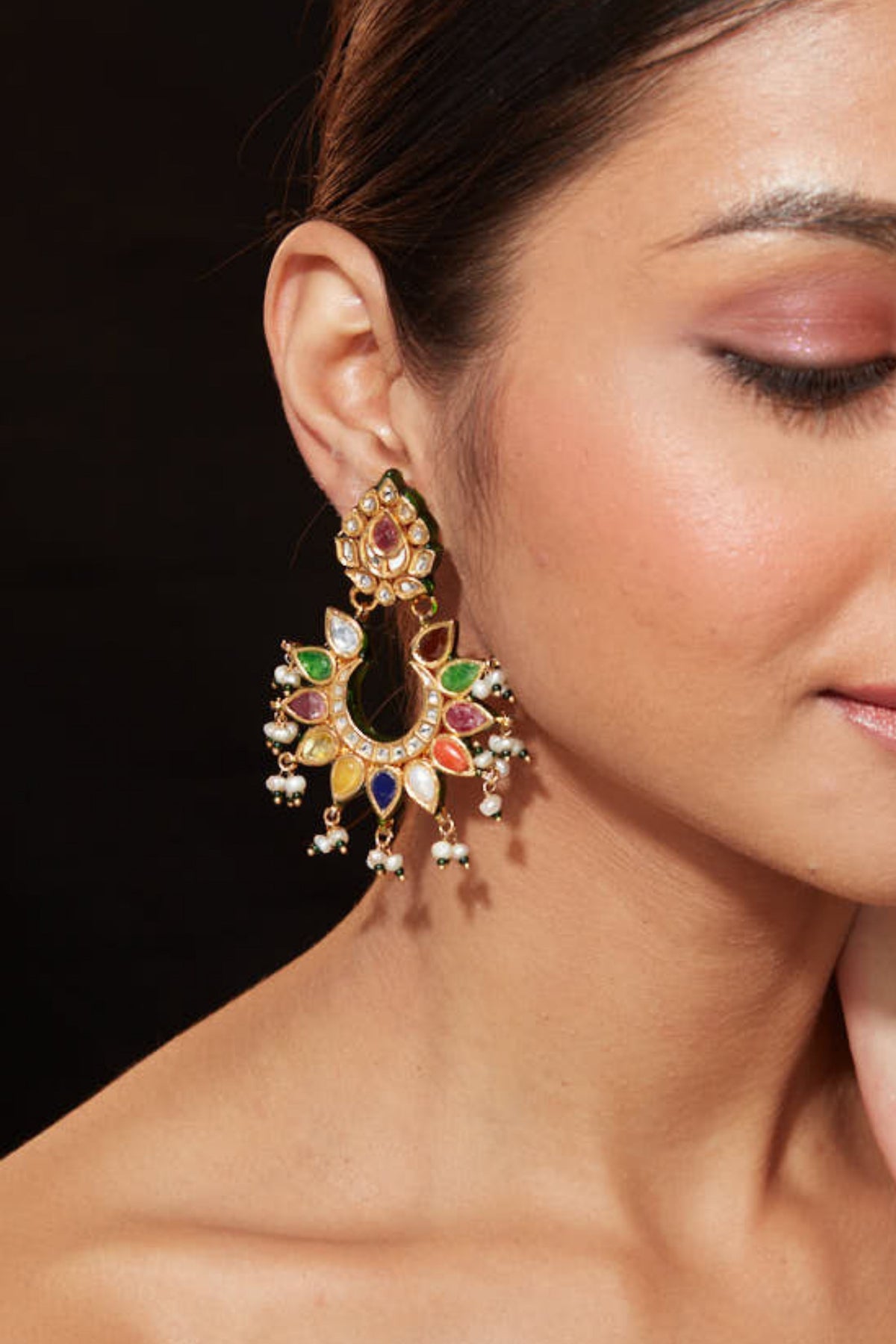 Multicolored Womens Kundan Polki With Earrings