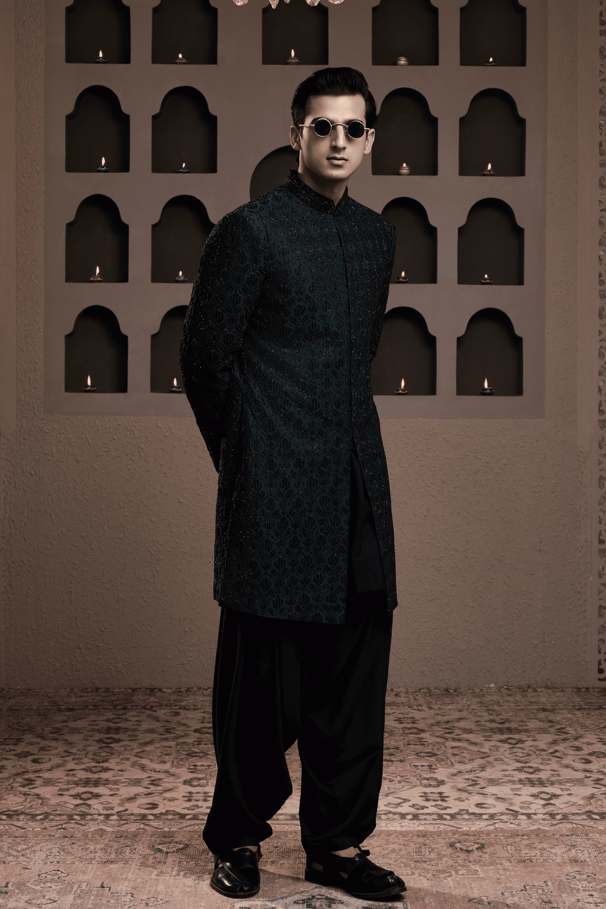 Green Achkan Black Embriodered Kurta Set