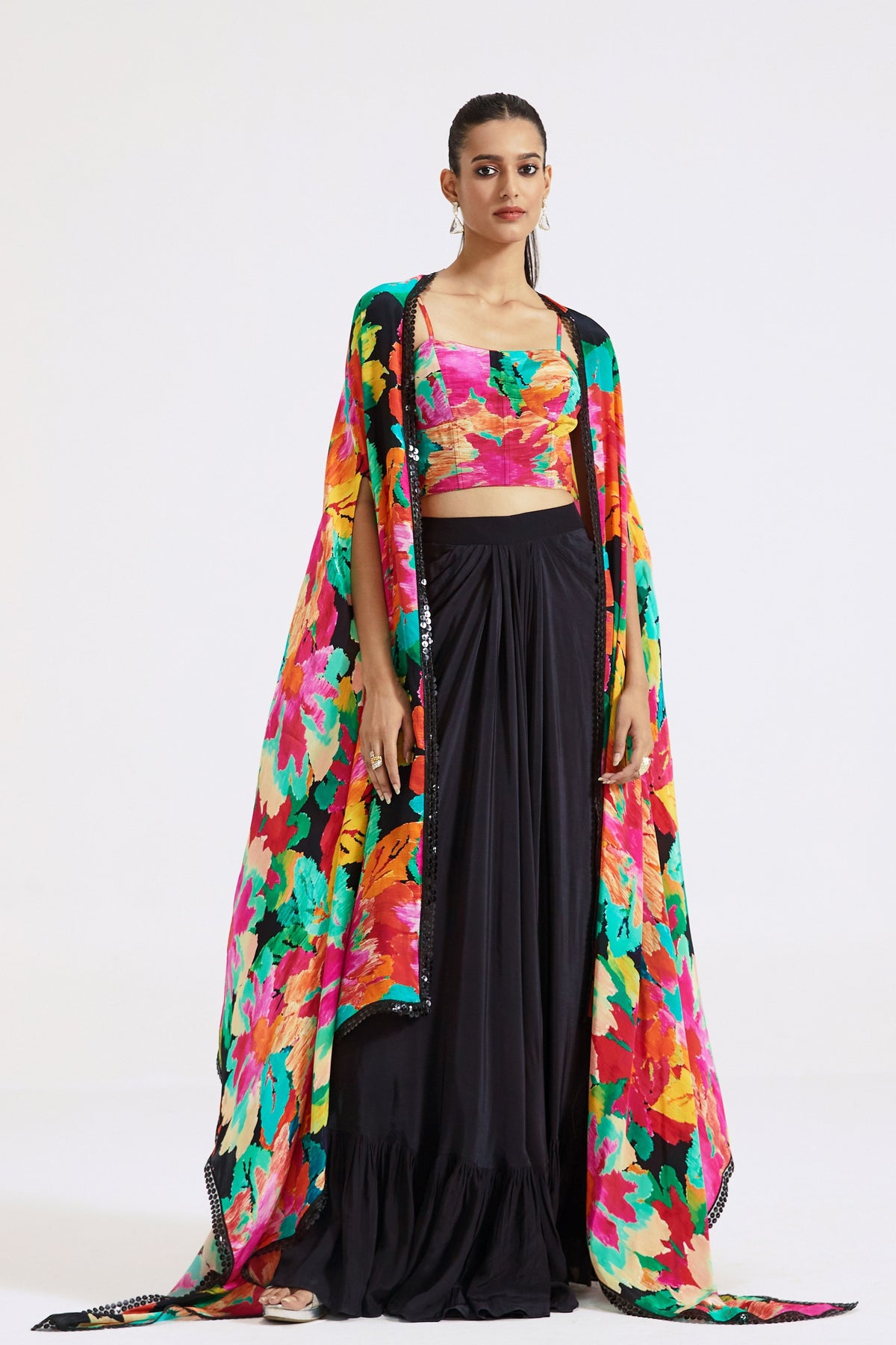 Multi-colour Skirt Set With Cape