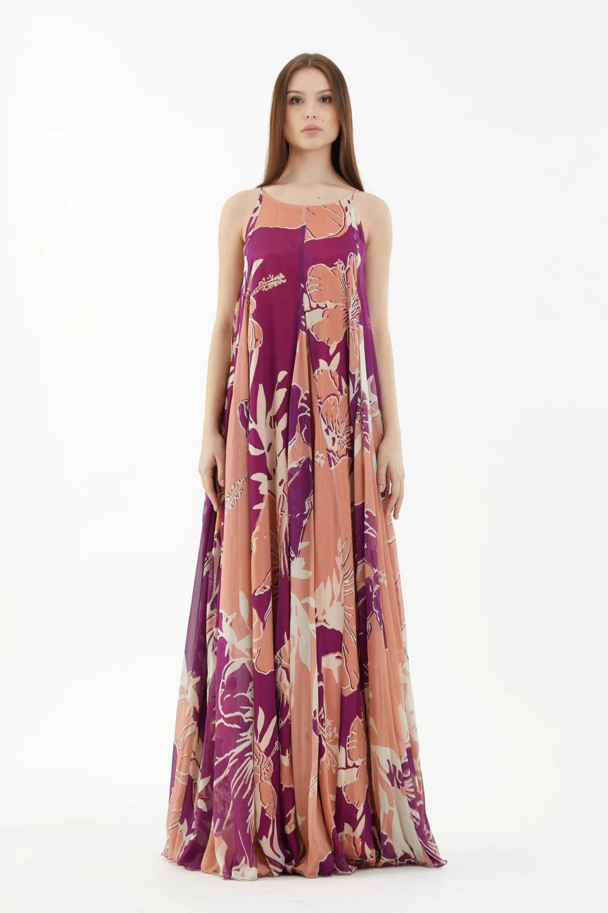Purple, White And Orange Floral Spaghetti Long Dress