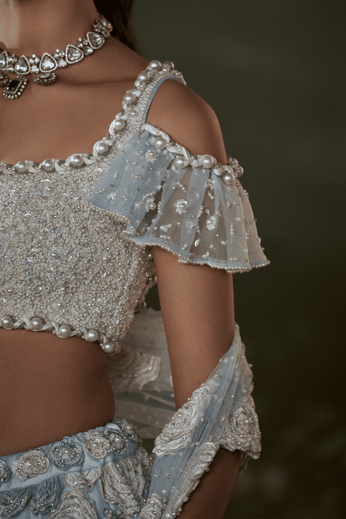 Powder Blue White Trail Lehenga Set