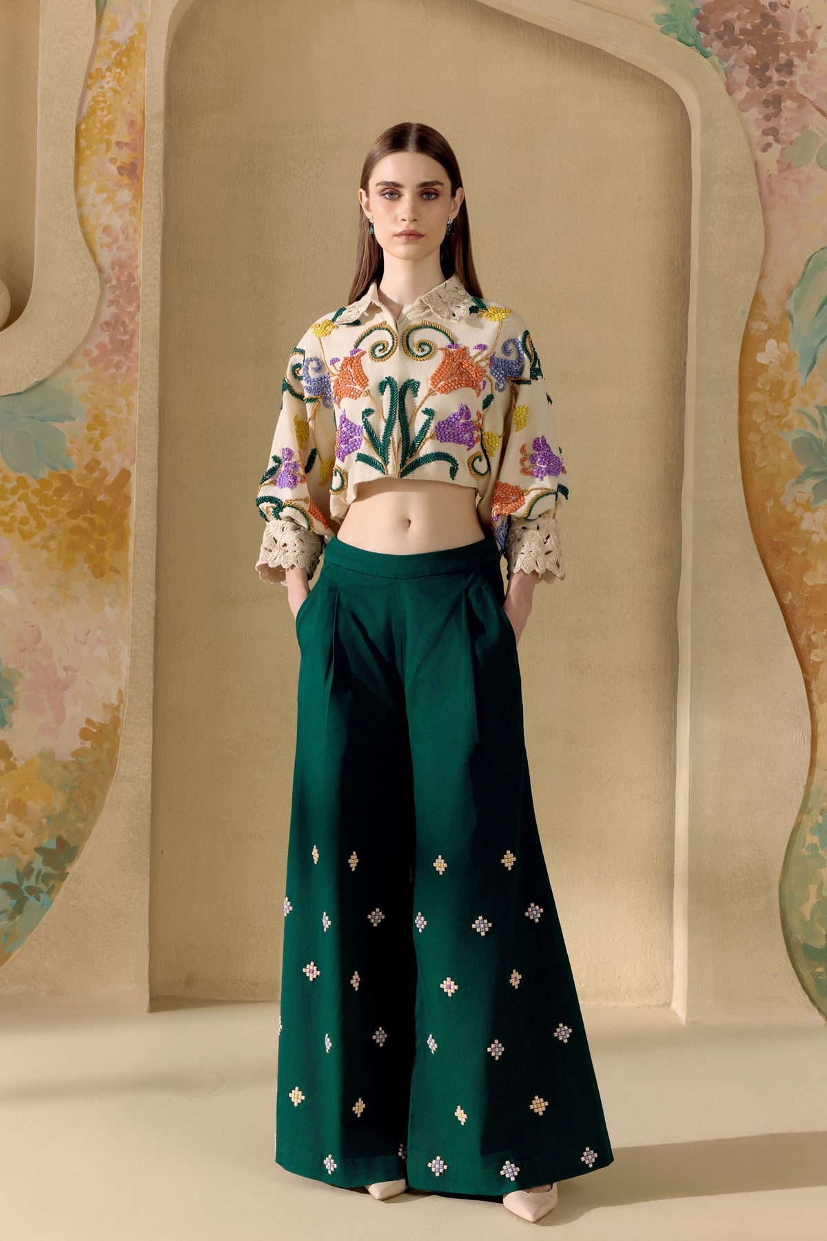 Emerald Green Mosaic Flared Pants