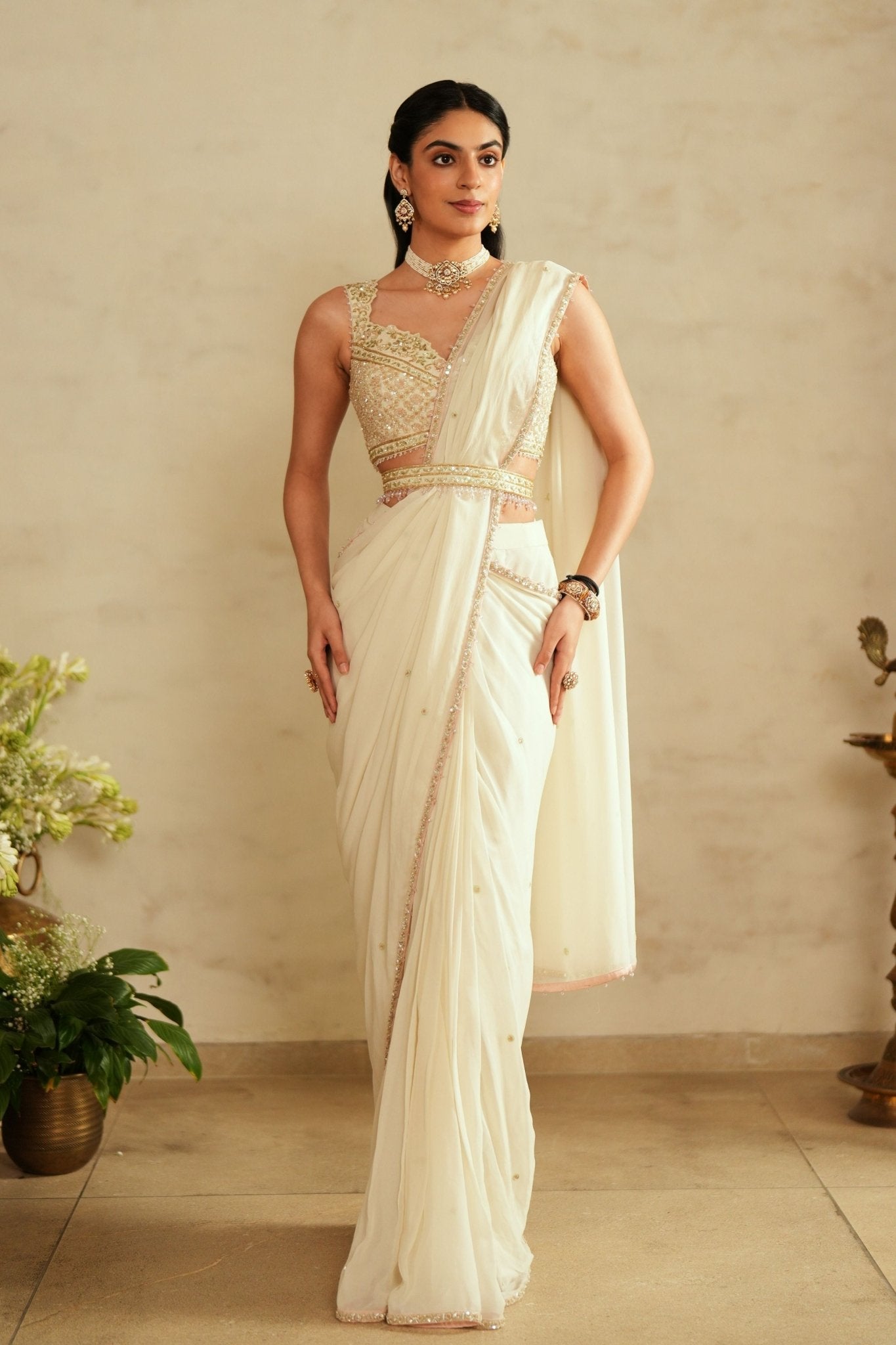 Chic Ivory Pre Draped Saree - Saisha By Charu Arora - Elahe