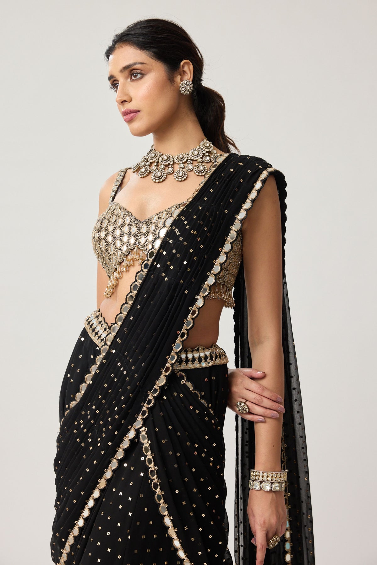 Black Flared Pants Draped Saree Set