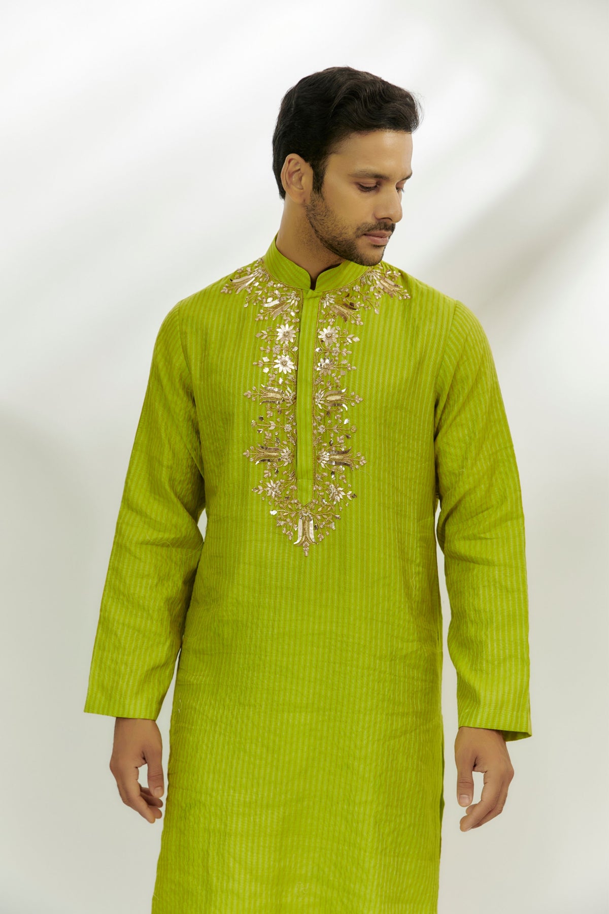Lime Green Chanderi Silk Embroidered Kurta