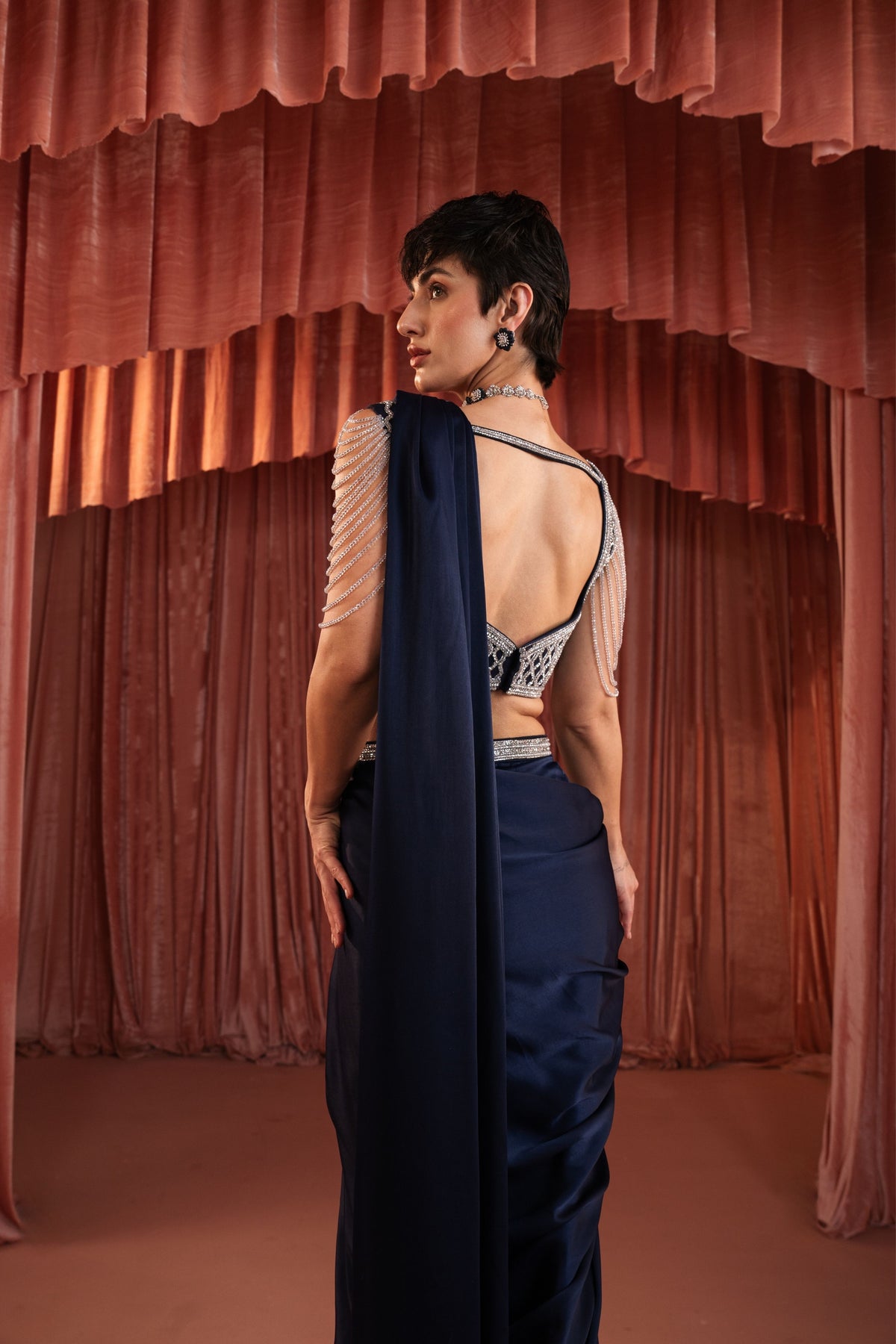 Midnight Blue Draped Saree Set