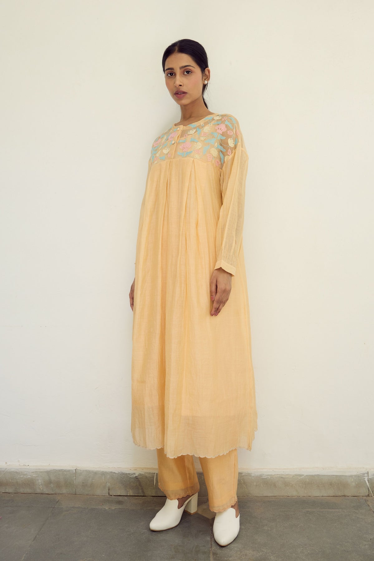 Peach Silk Organza Yoke Dress