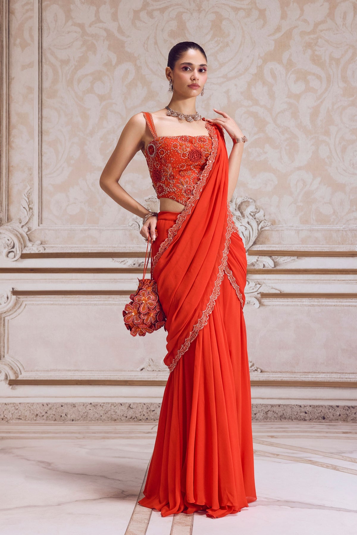 Rust Pre-draped Saree Set