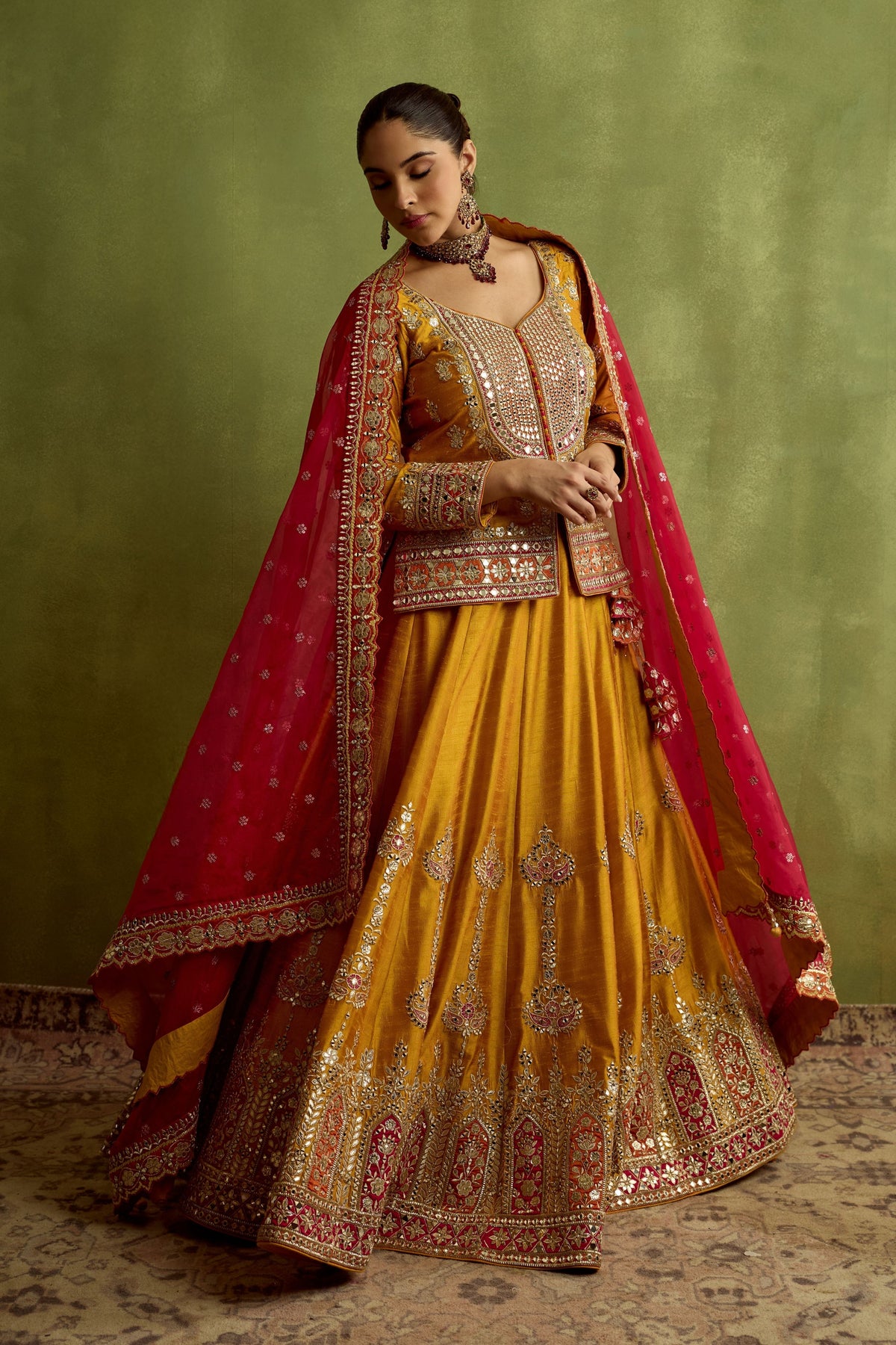 Yellow Silk Kurta Lehenga Set