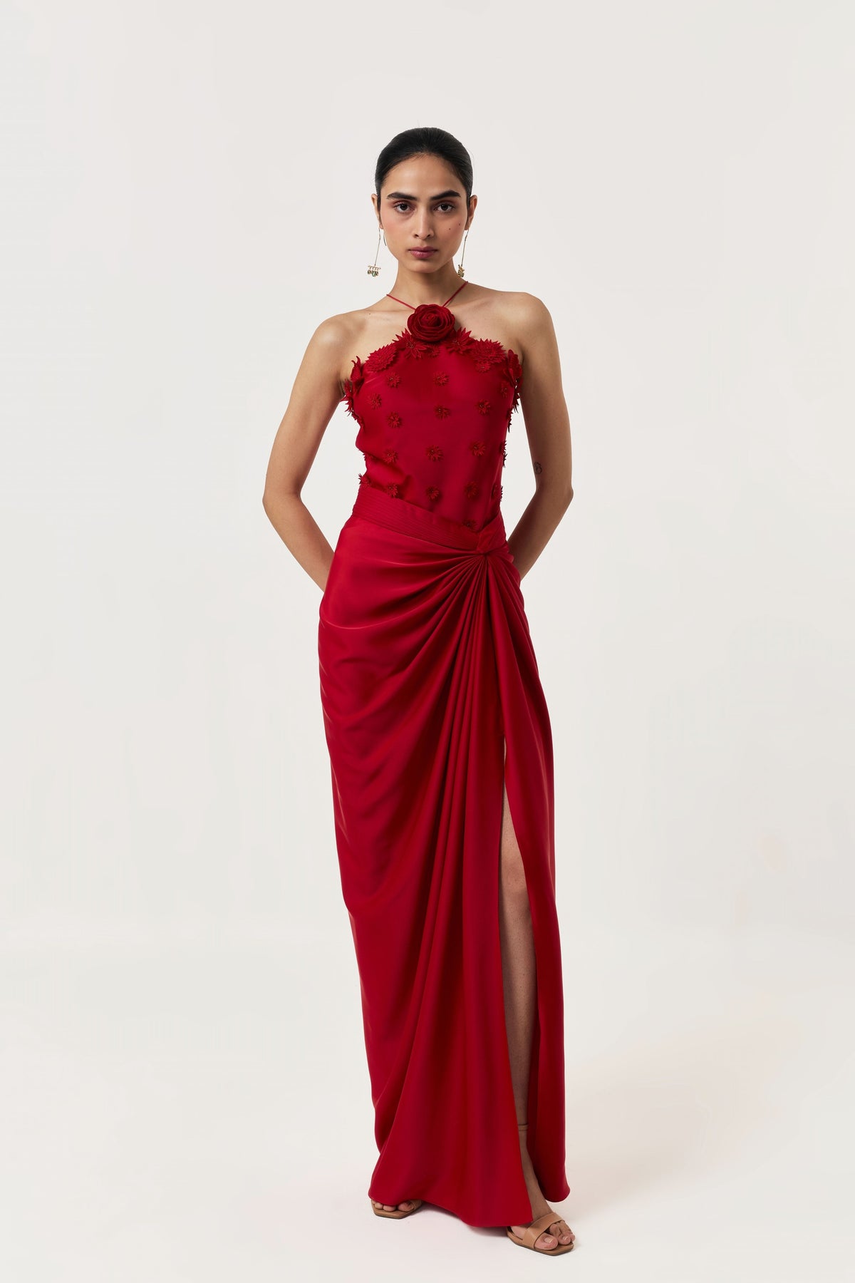 3d Floral Halter Red Skirt Set