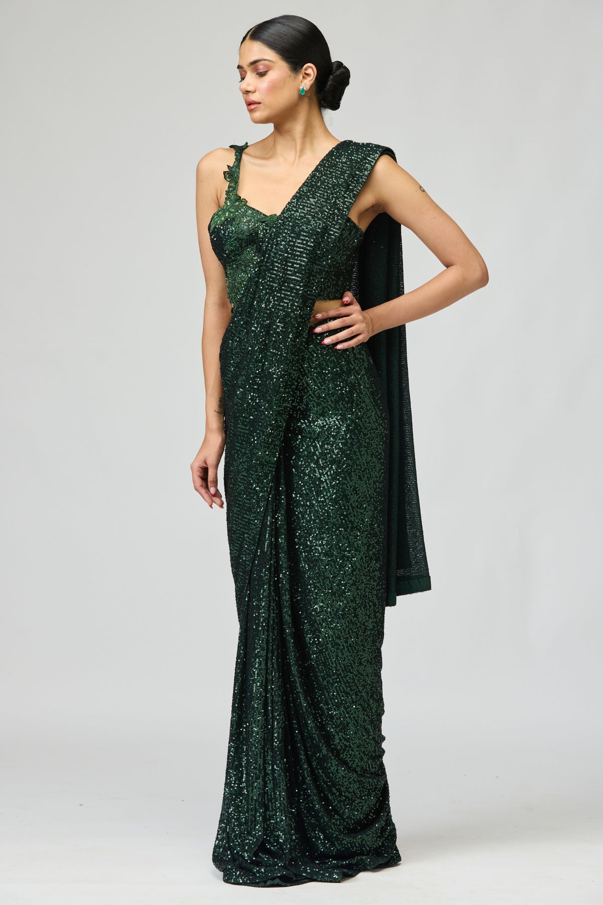 Dark Green Sequin Saree Set