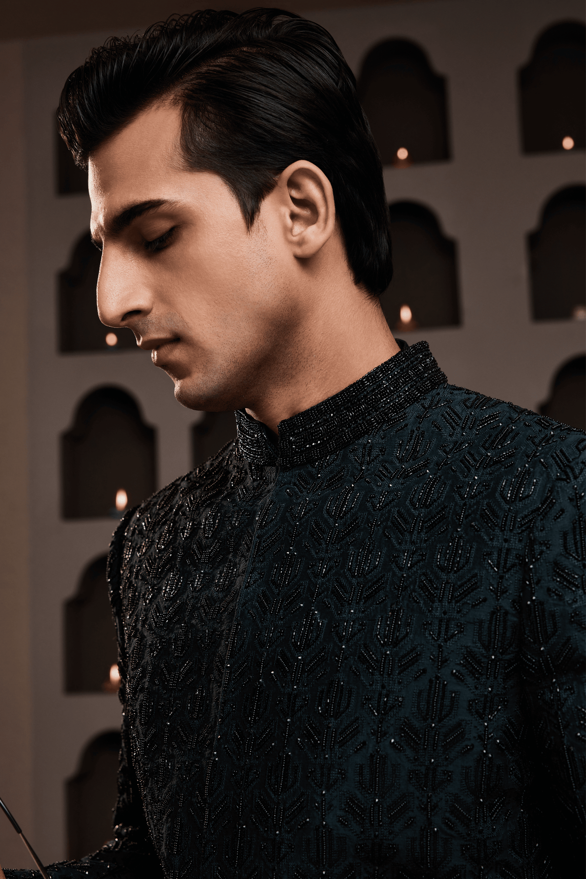 Green Achkan Black Embriodered Kurta Set