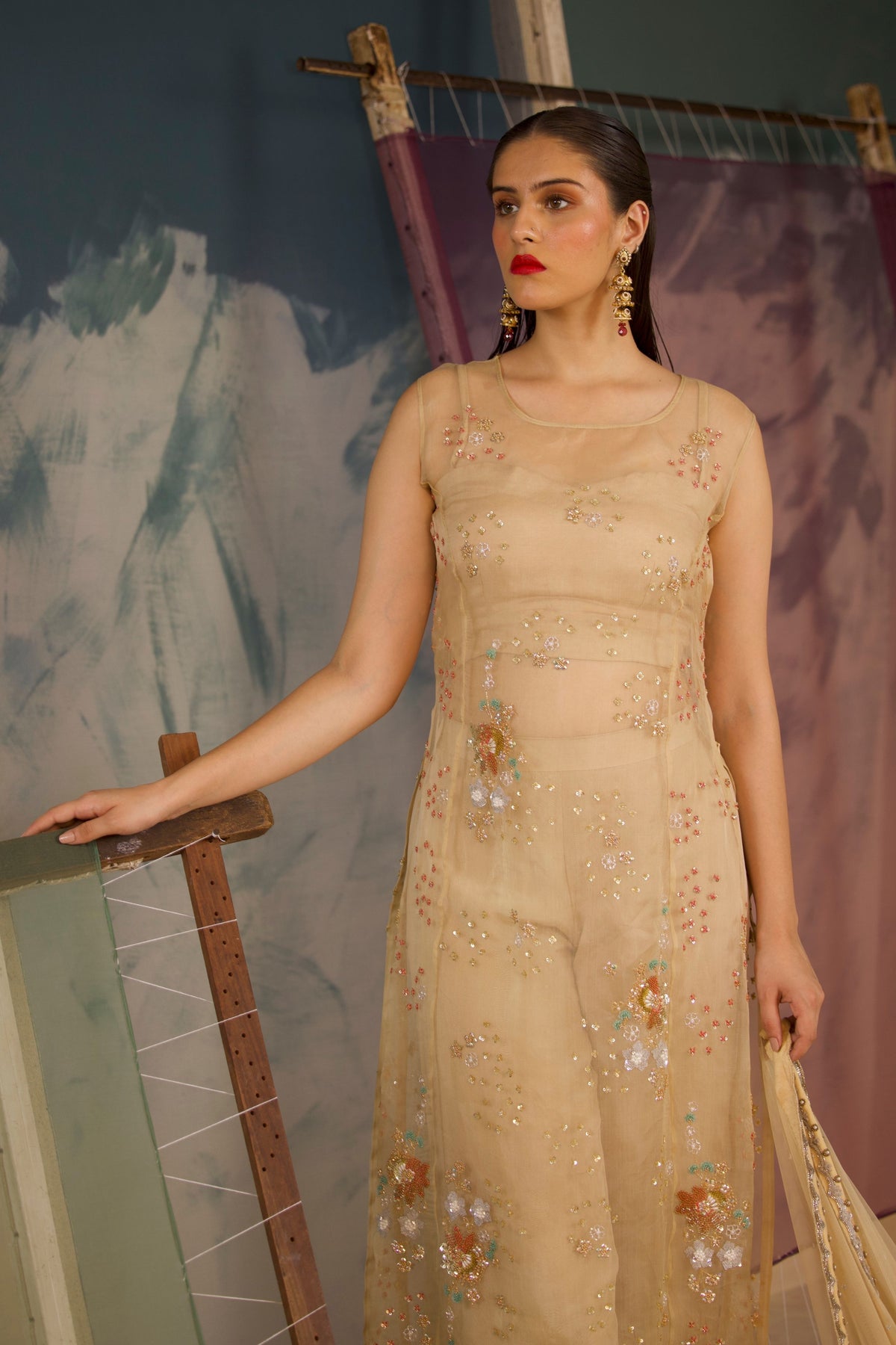 Beige Organza Kurta Set
