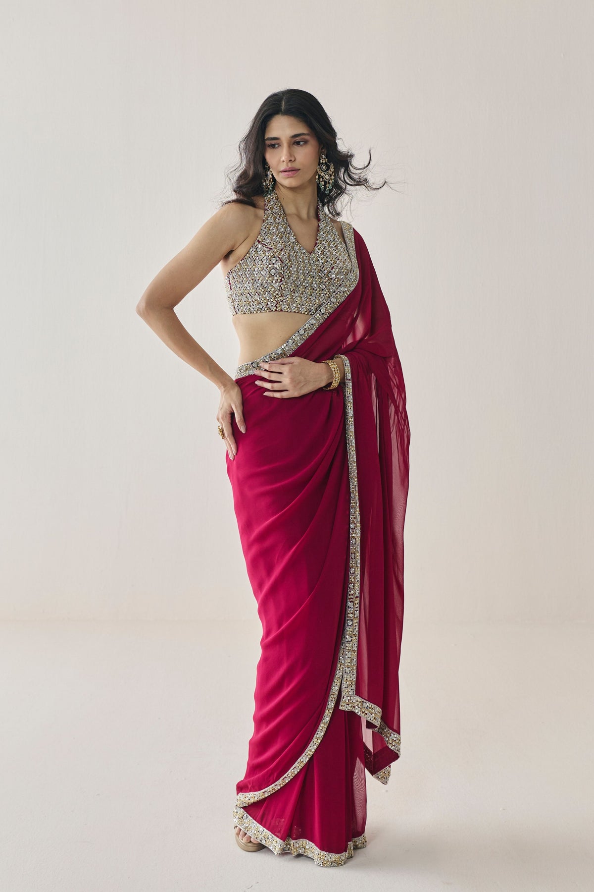Elowen Berry Pre Stitched Saree Set