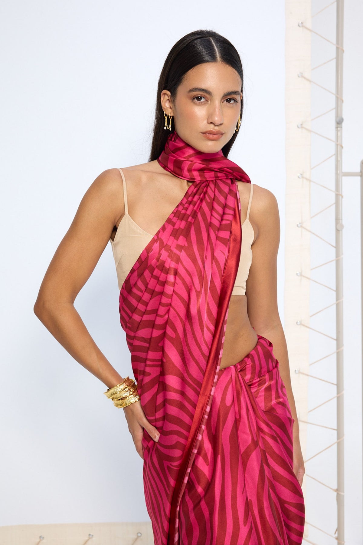 Pink Zebra Print Saree