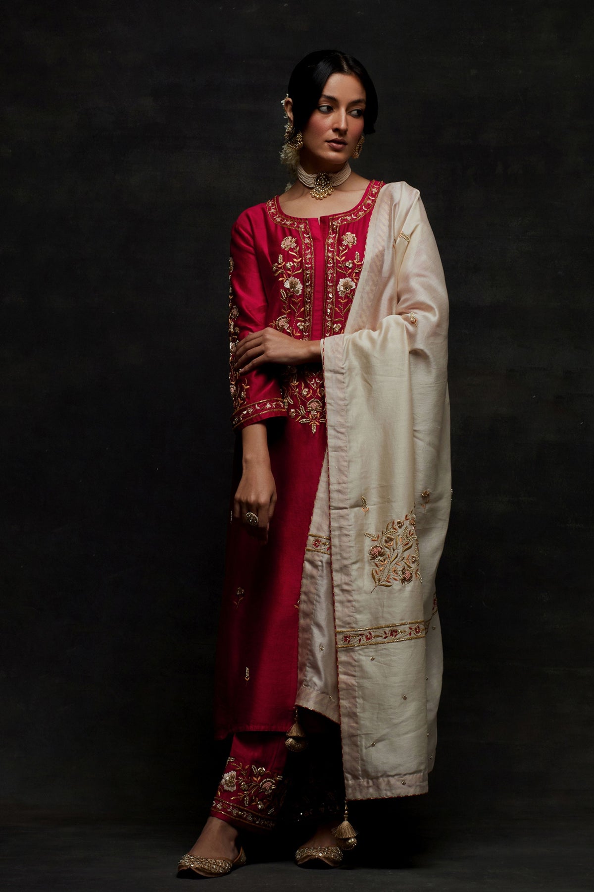 Cream Embroidered Dupatta