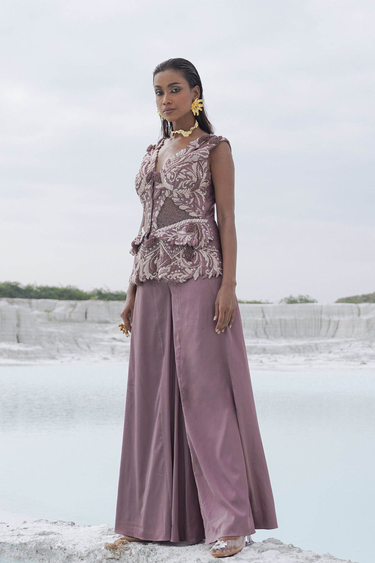 Pastel Purple Embroidered Palazzo Set