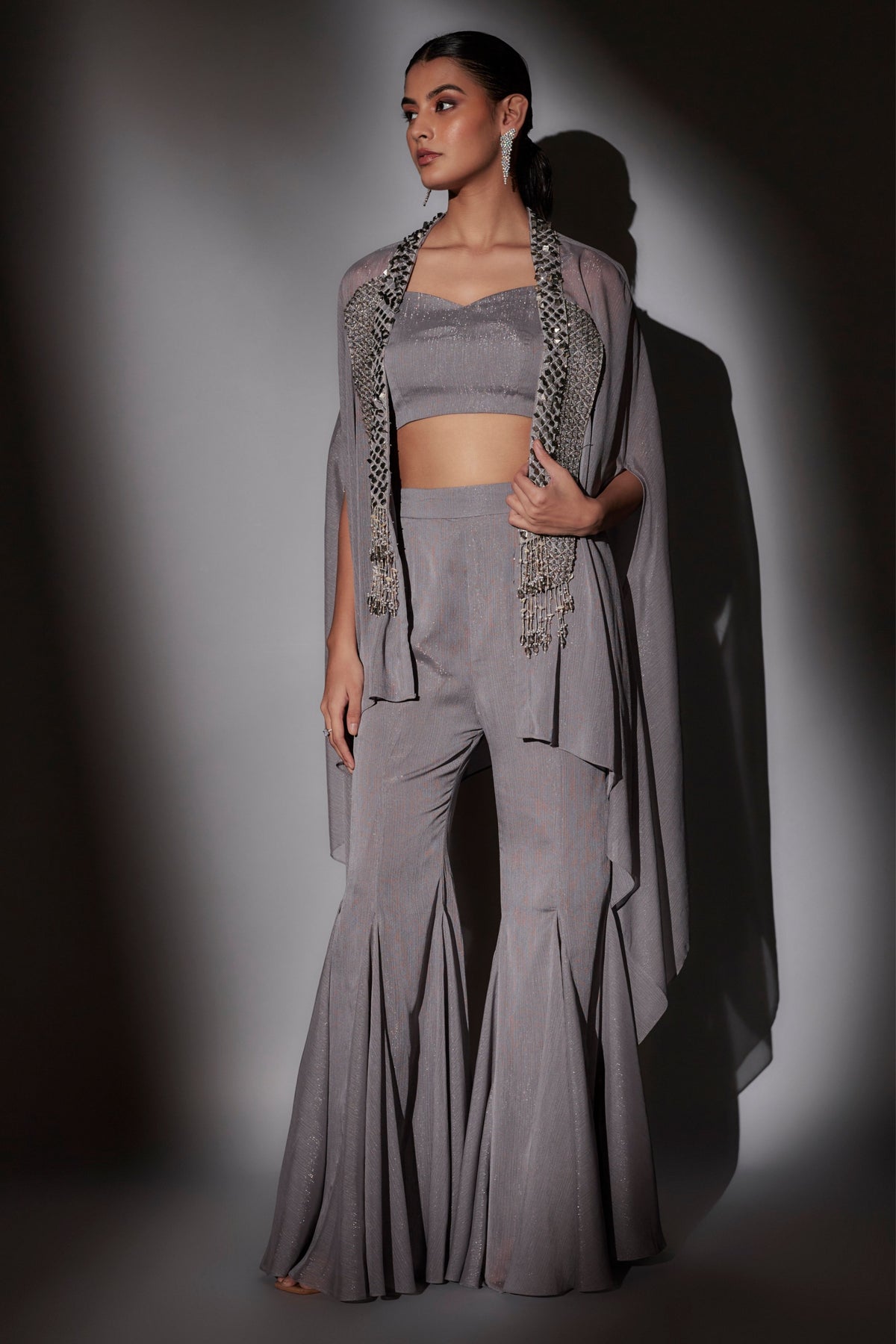 Grey Embroidered Sharara Cape Set
