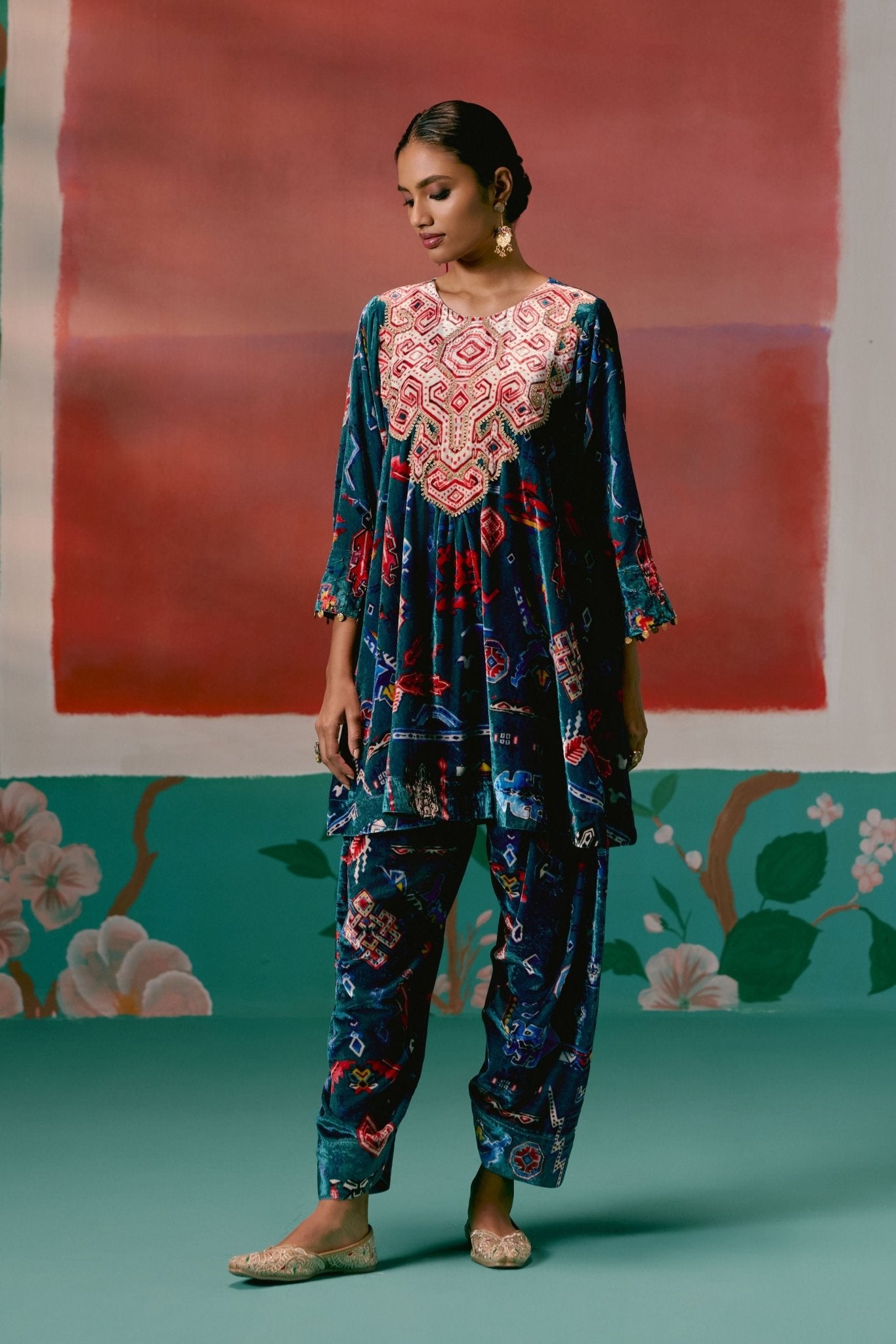 Teal Aztec Velvet Tunic Set - Label Mogra - Elahe