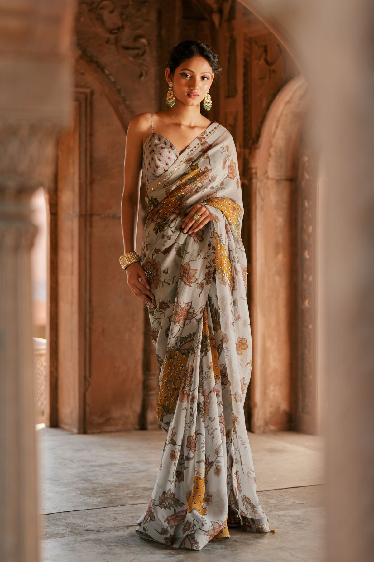 Grey Floral Embroidered Saree Set