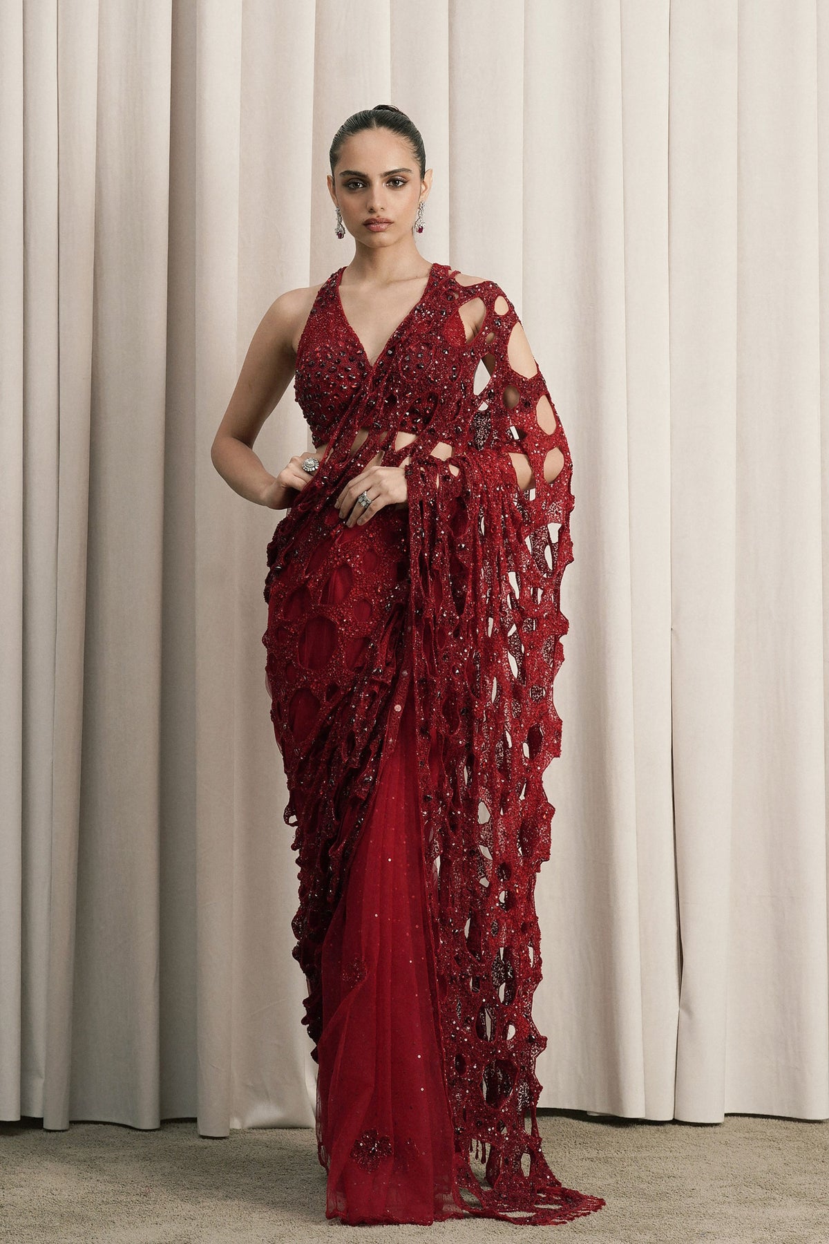 Red Teardrop Crystal Net Saree Set