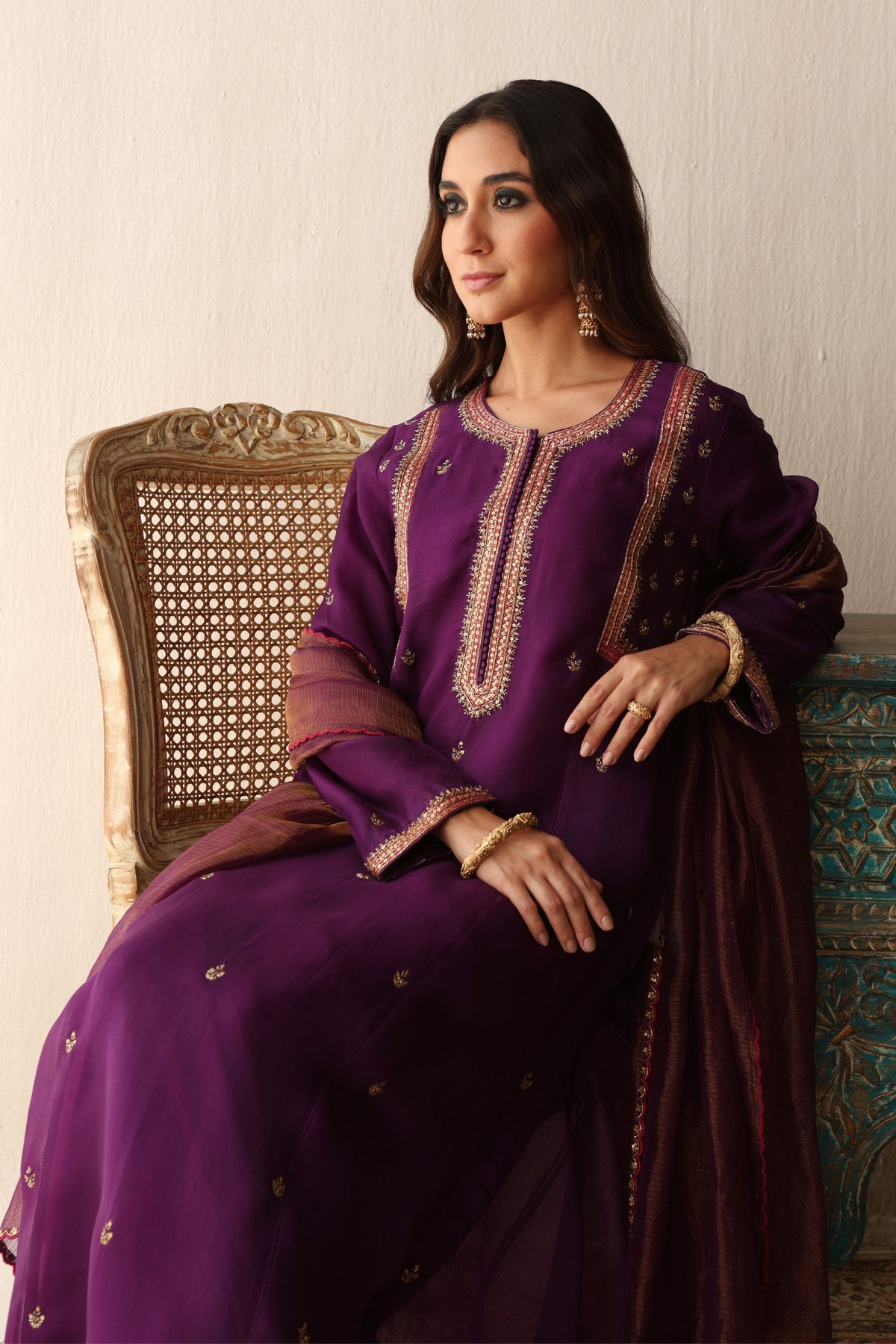 Purple Hand Embroidered Kurta Set