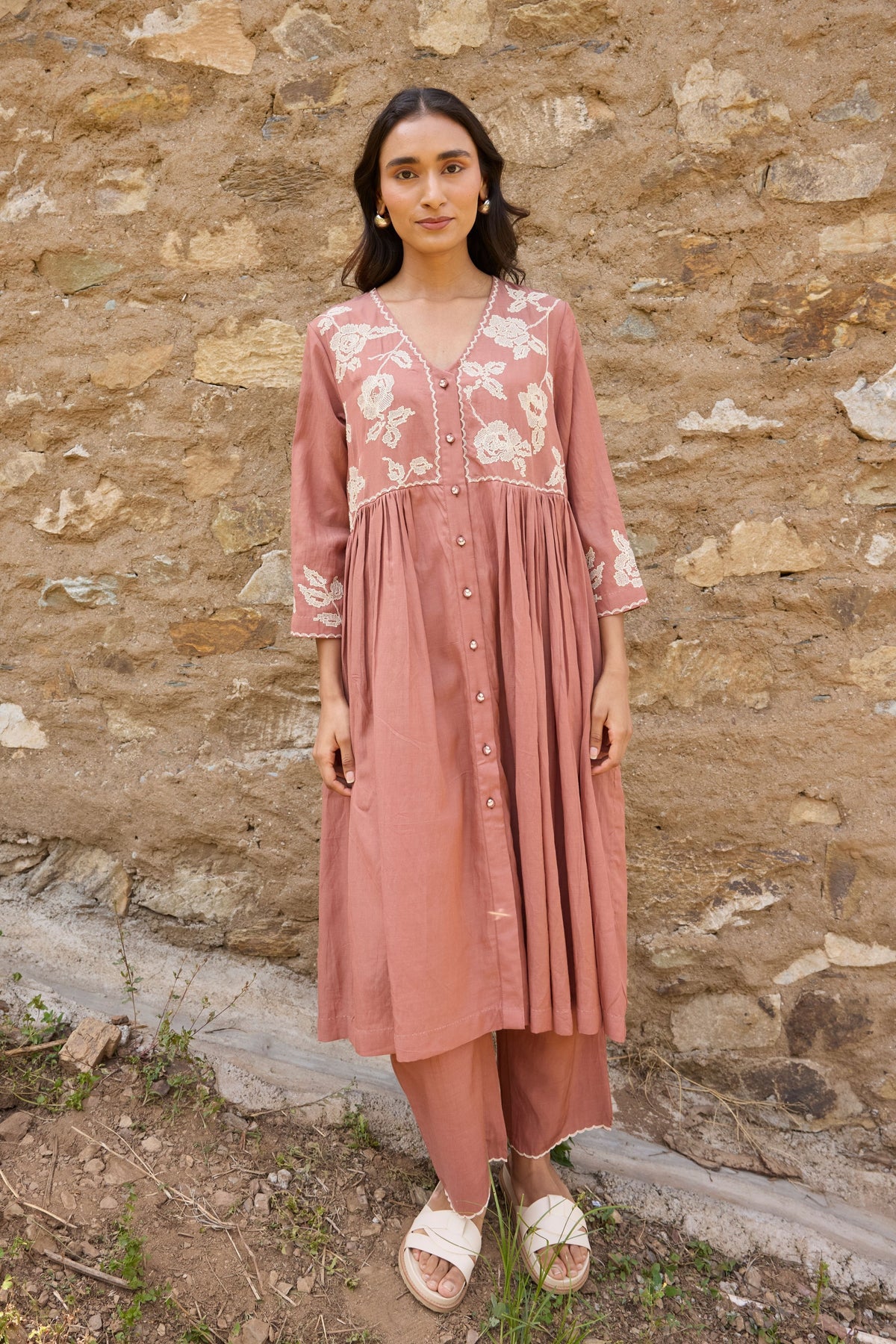 Brown Gathered Embroidered Kurta