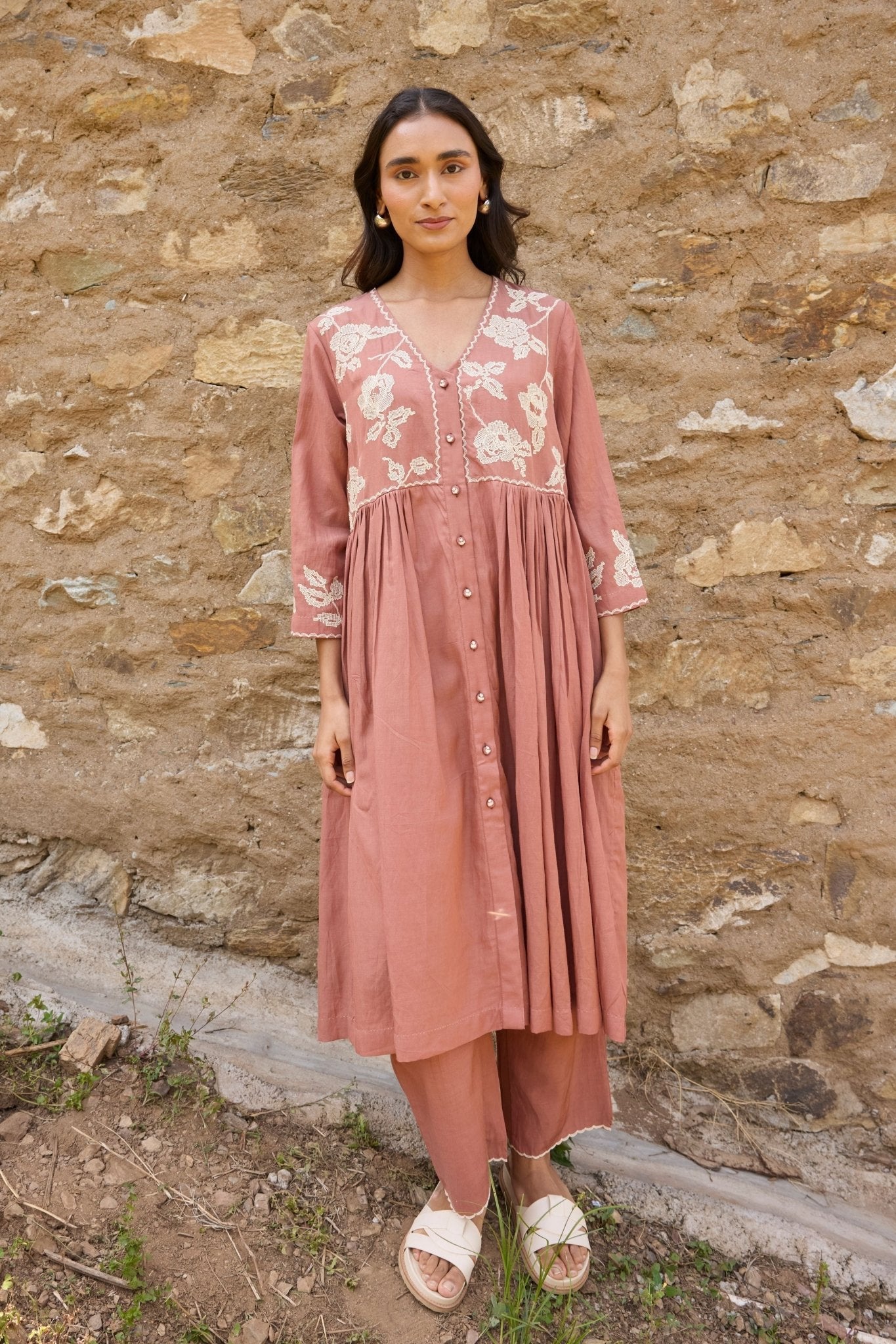Brown Gathered Embroidered Kurta - Ayaka - Elahe