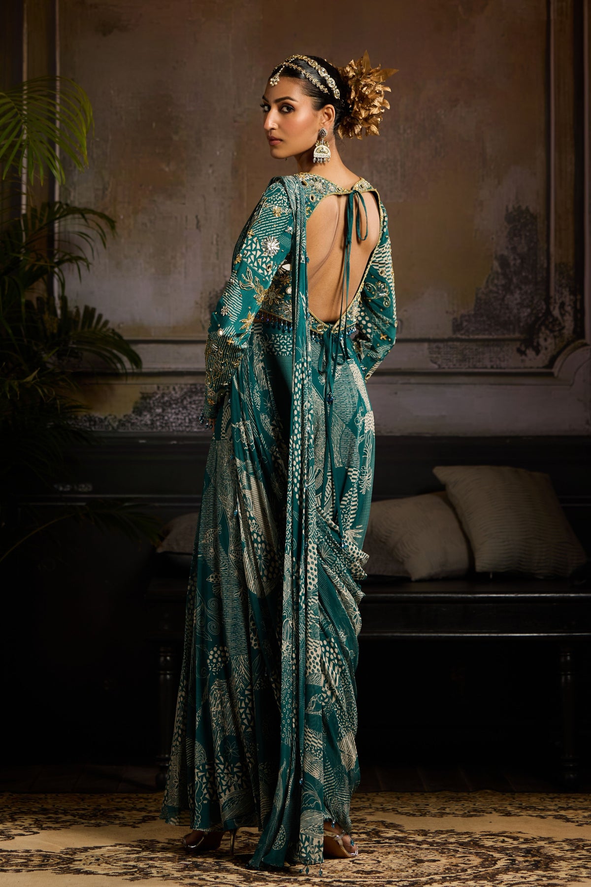 Teal Printed Pant Saree Set