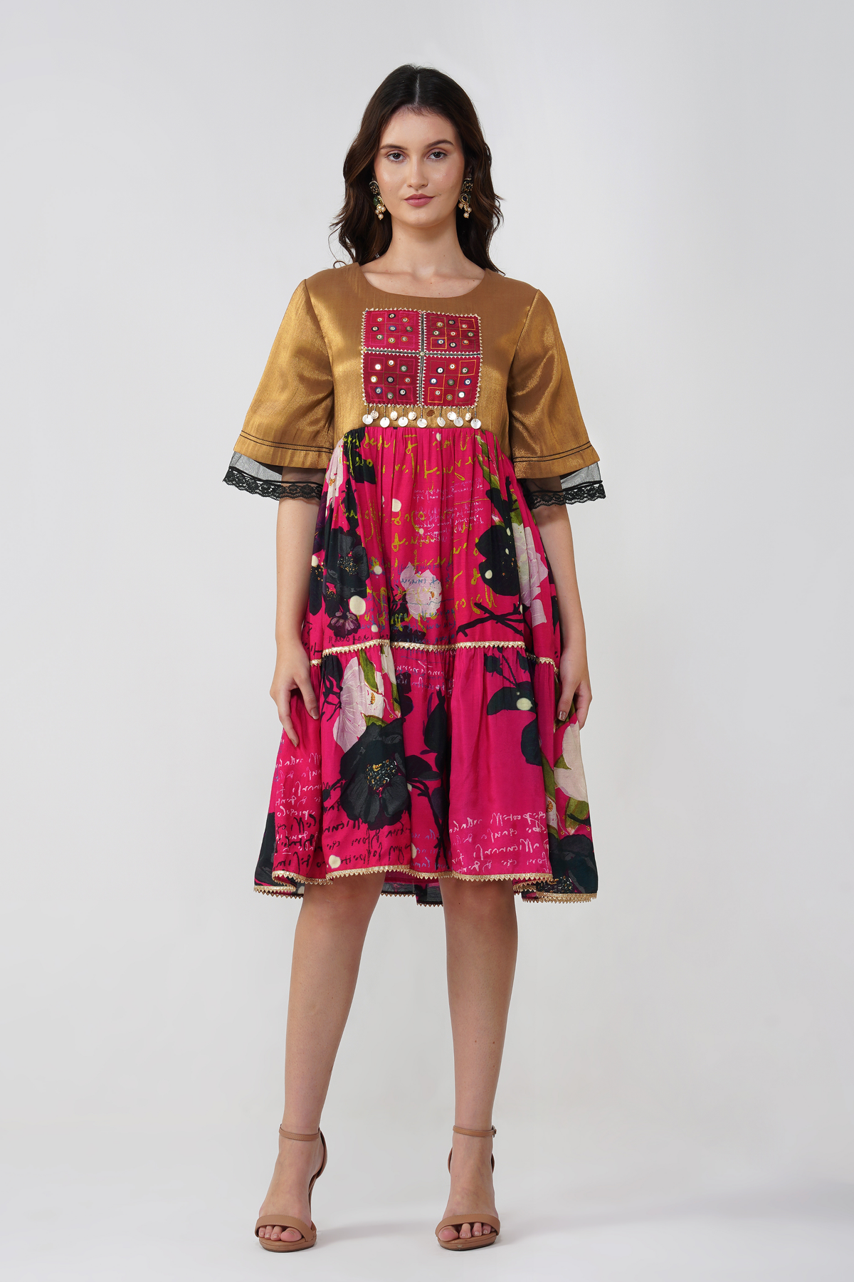 Floral Mirrorwork Tiered Dress
