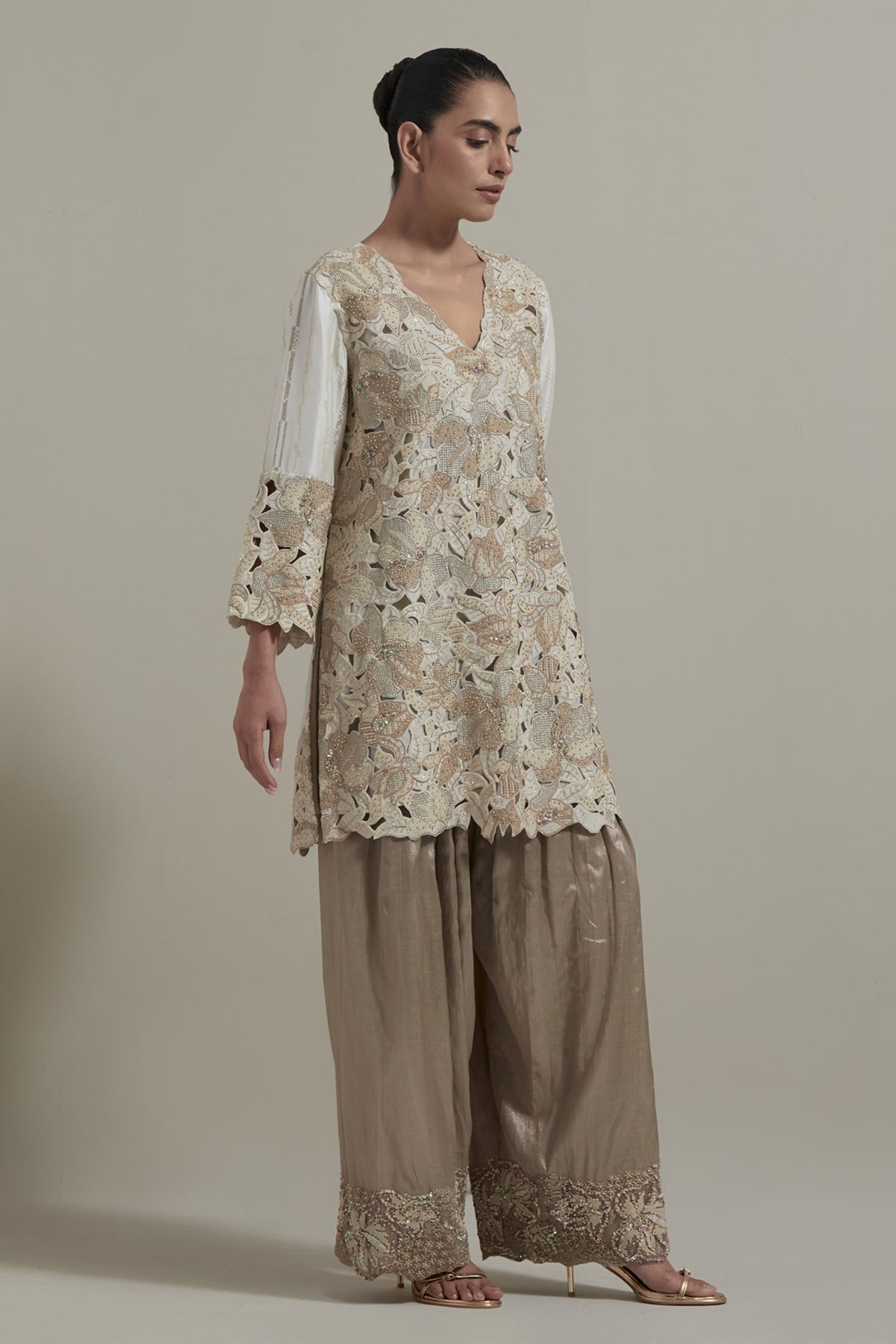 Beige Cutwork Kurta Set