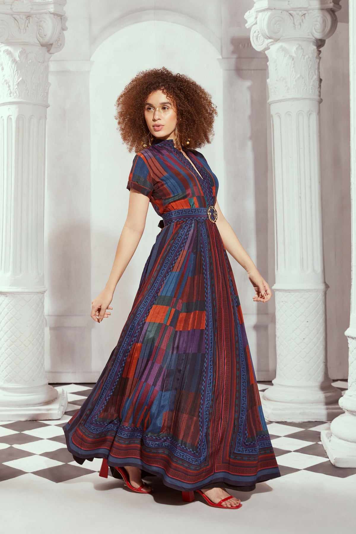 Tangerine Tile Print Long Dress With  Belt