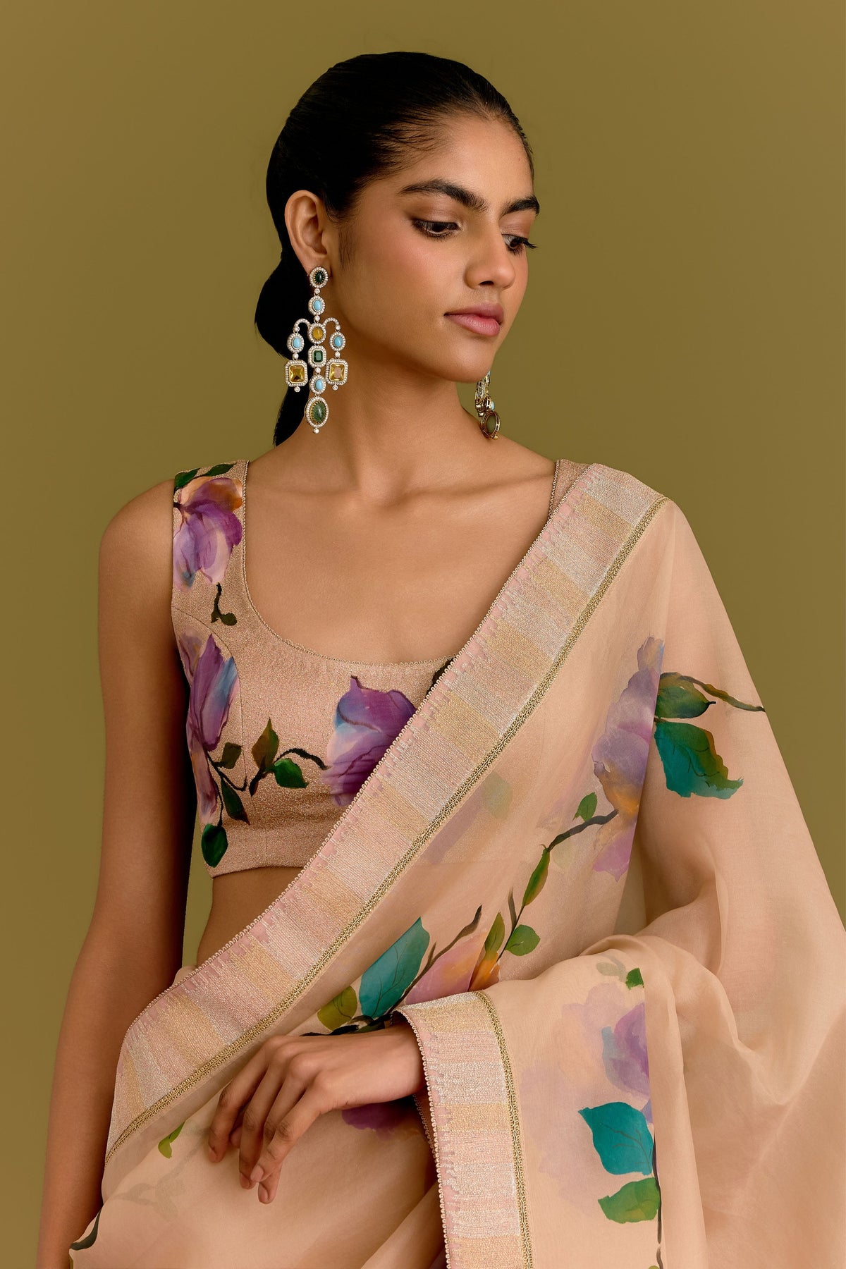 Beige Hand Painted Saree Set