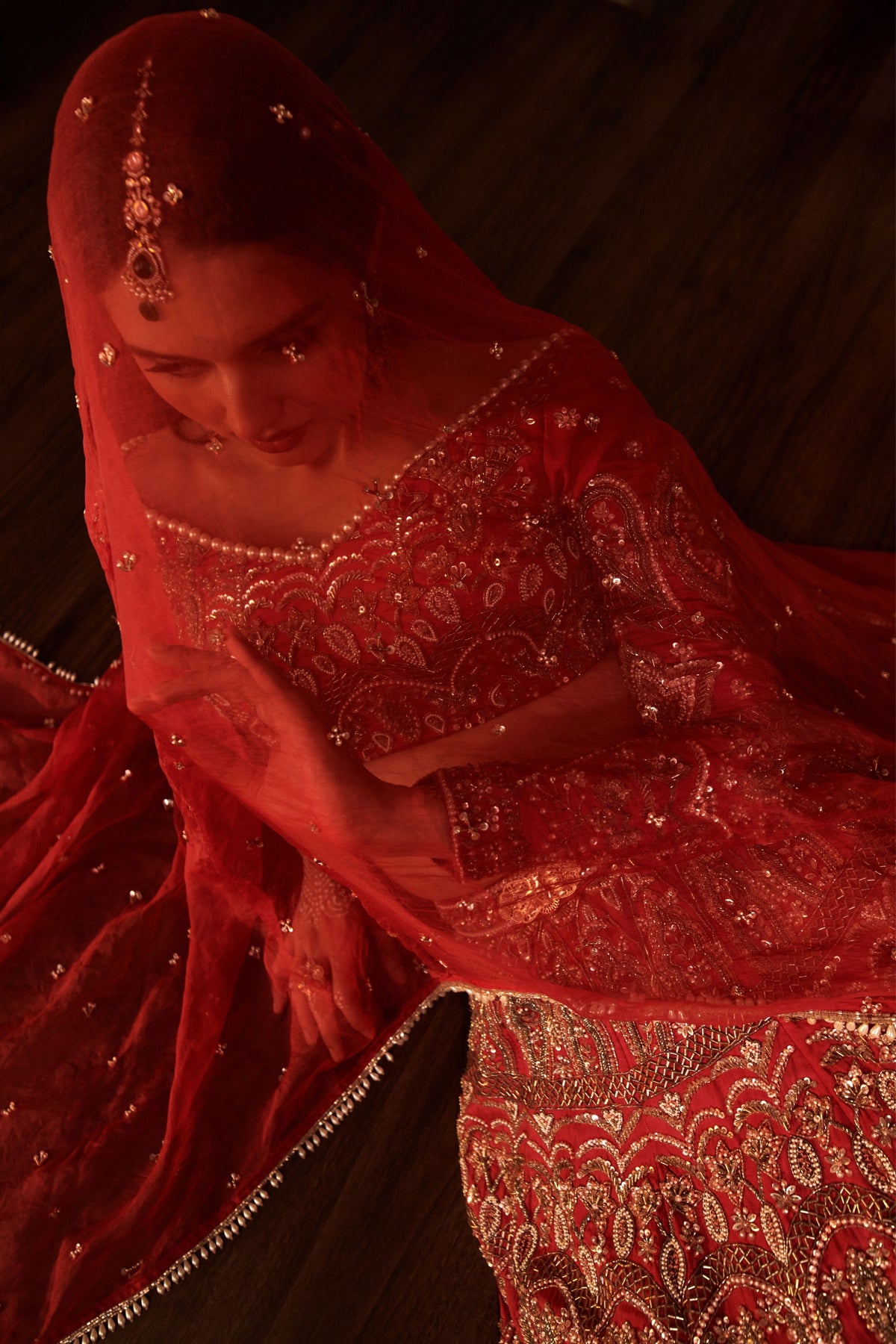 Tomato Red Embroidered Lehenga Set