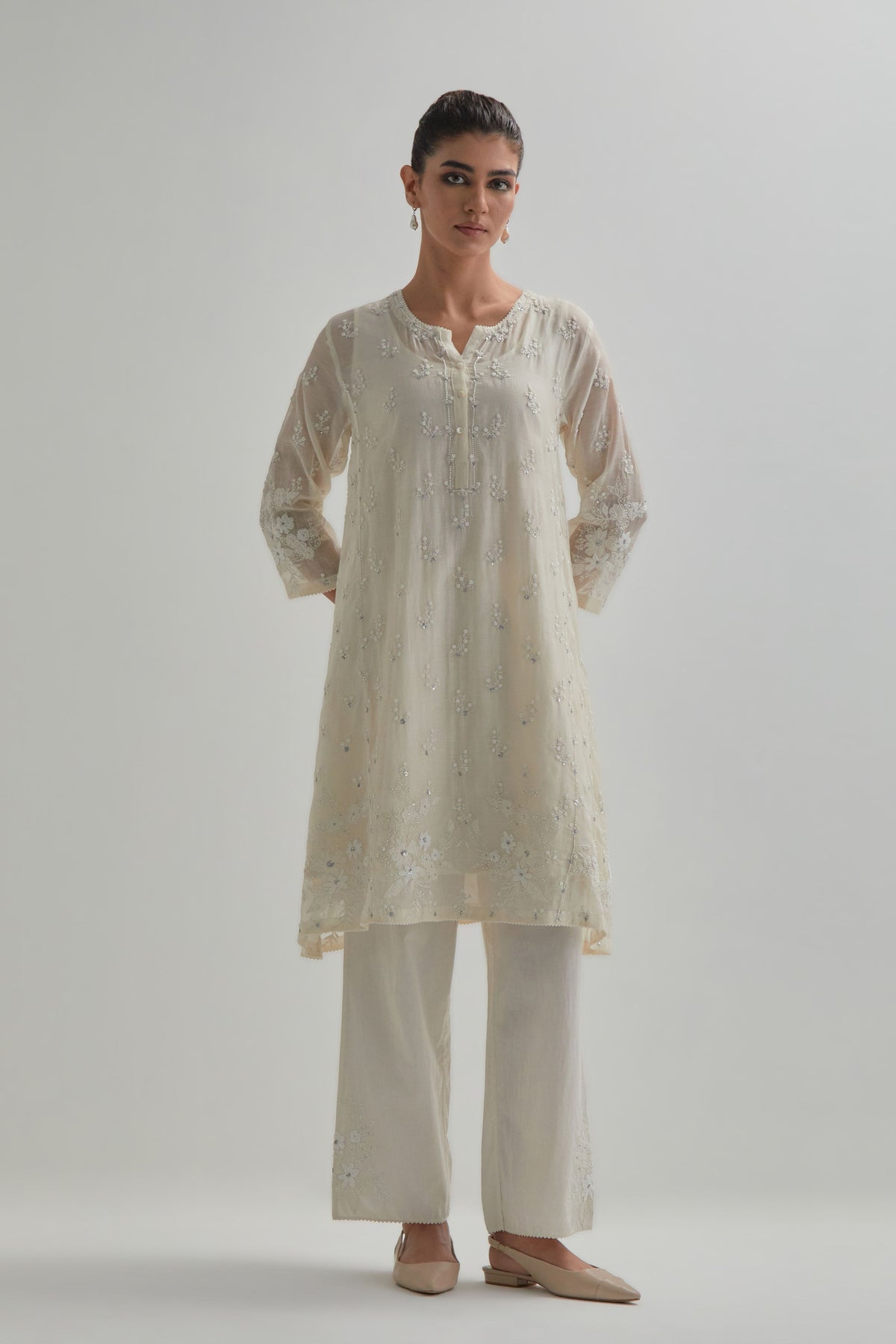 Off White Floral Short Kurta Set