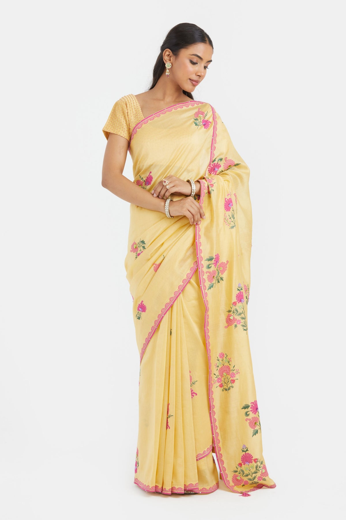 Yellow Silk Chanderi Saree Set