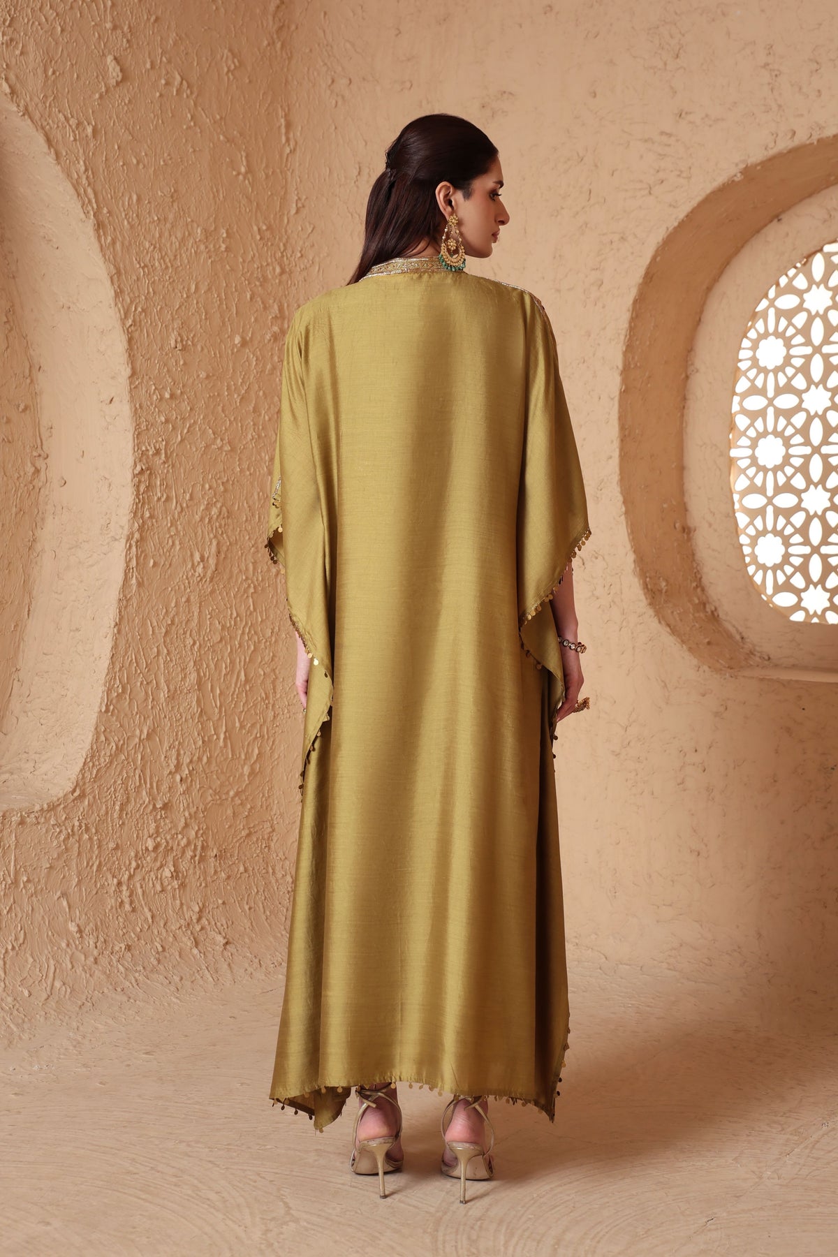 Olive Green V Neck Kaftan Set