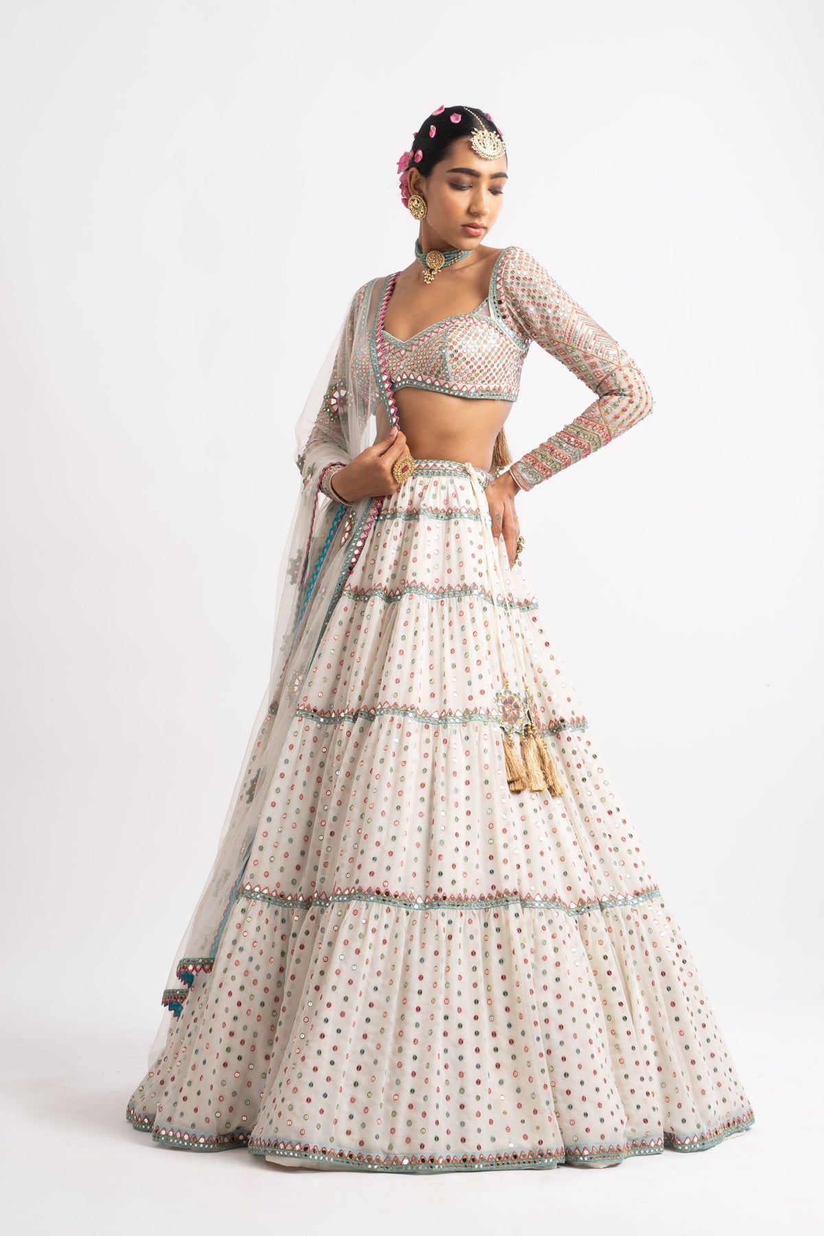 White multi tier lehenga