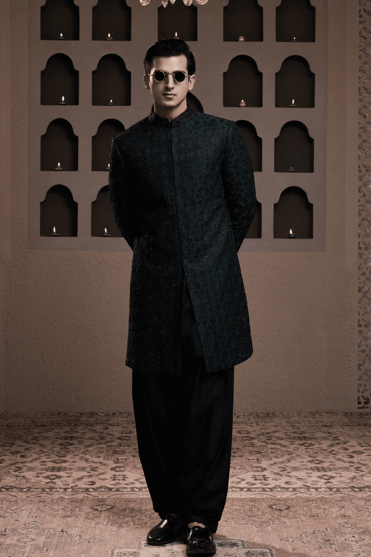 Green Achkan Black Embriodered Kurta Set