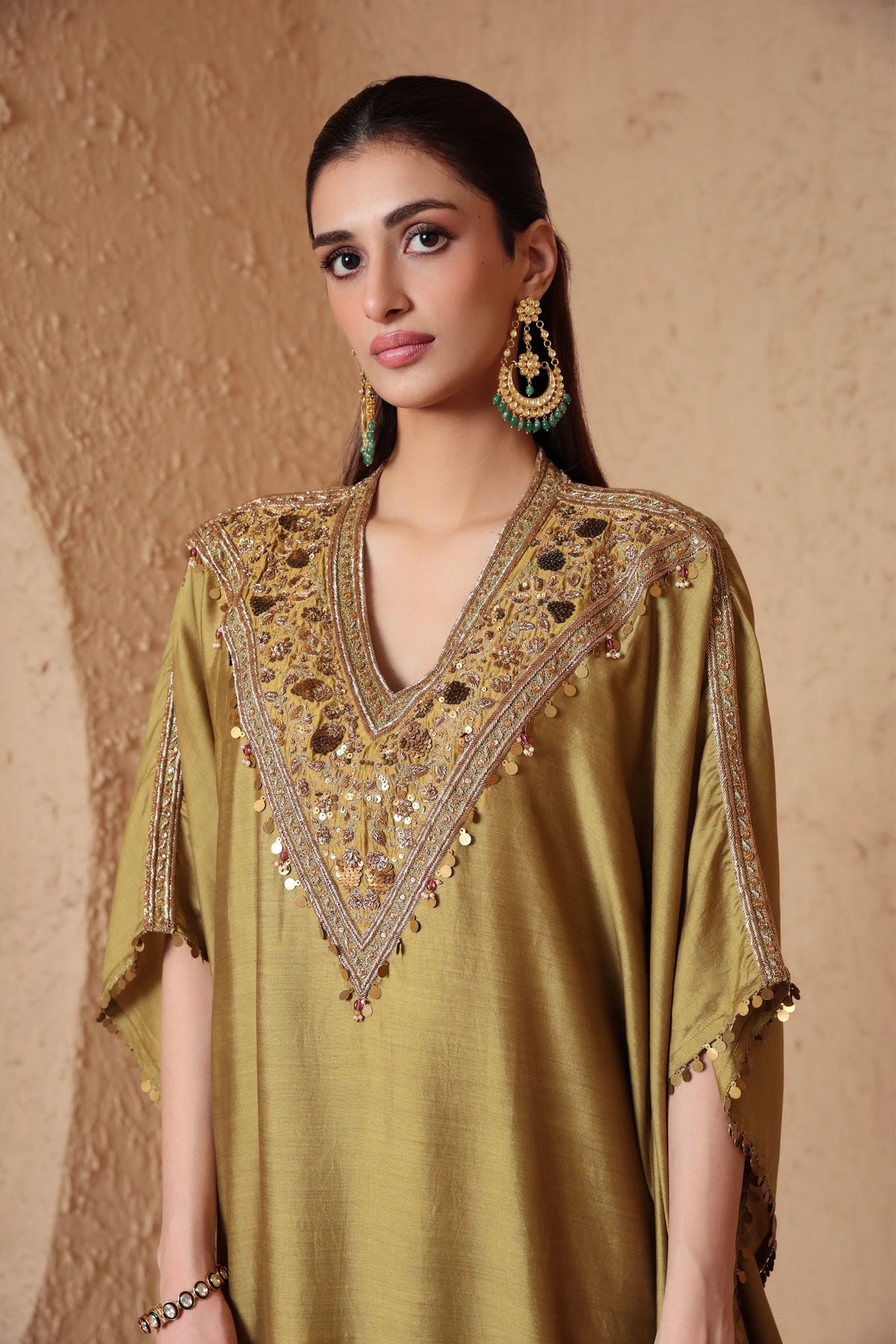 Olive Green V Neck Kaftan Set