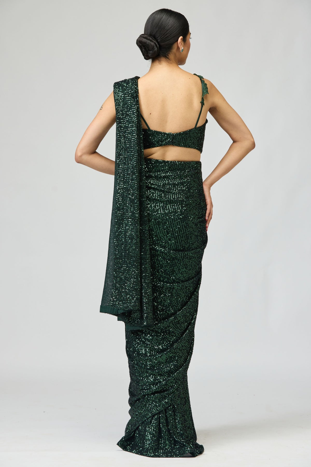 Dark Green Sequin Saree Set