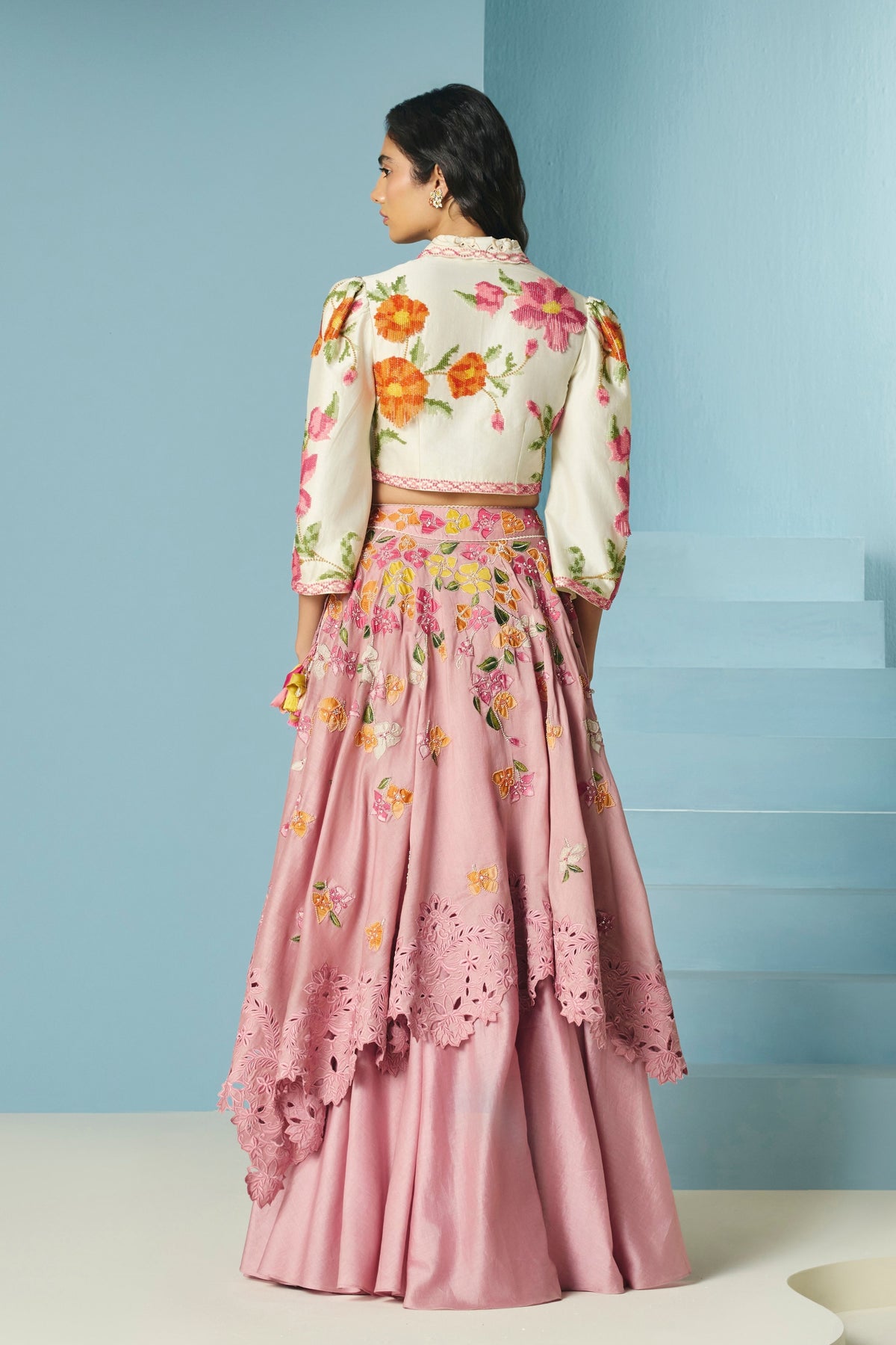 Blush Bougainvillea Layered Lehenga