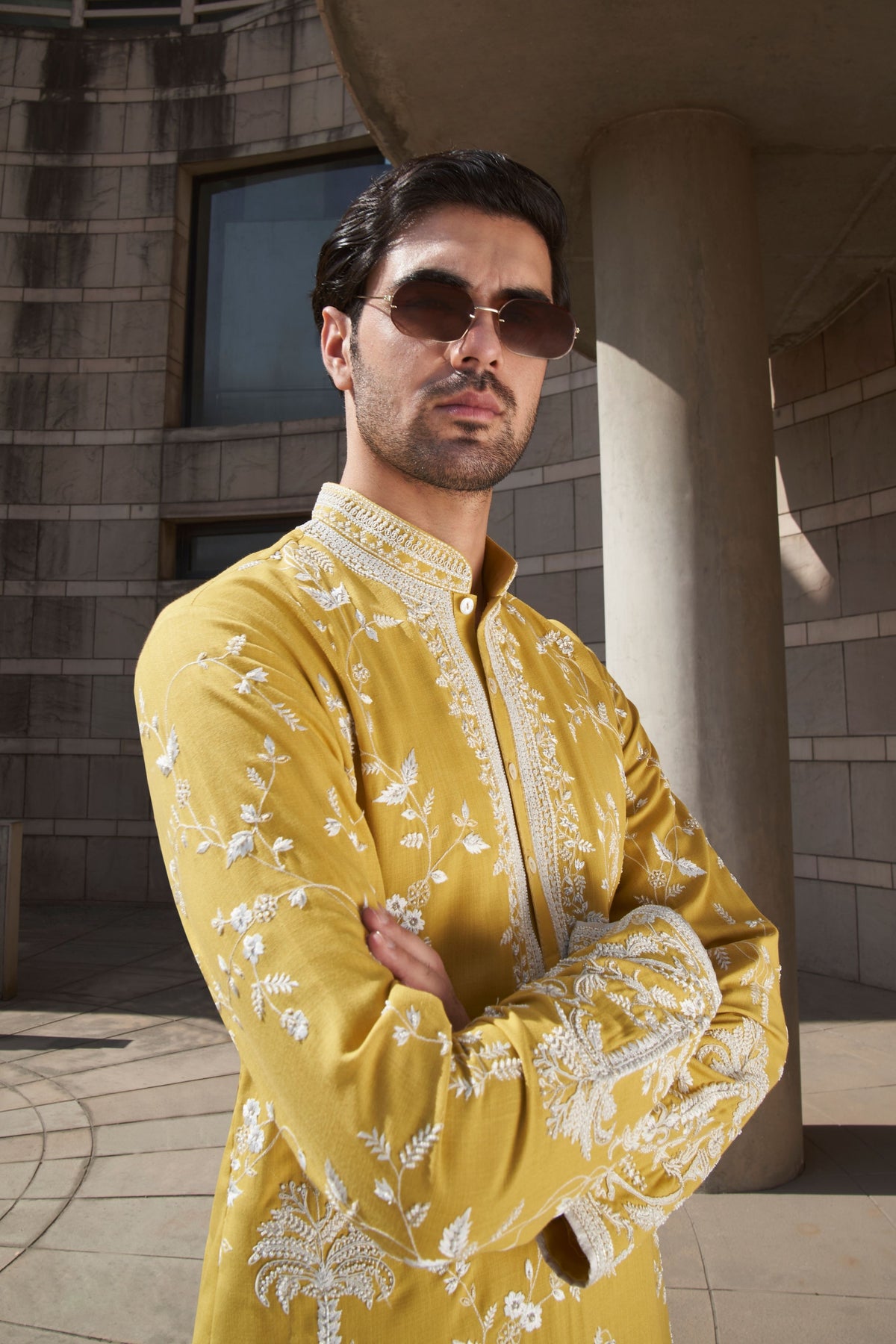 Yellow Long Palm Tree Kurta Set