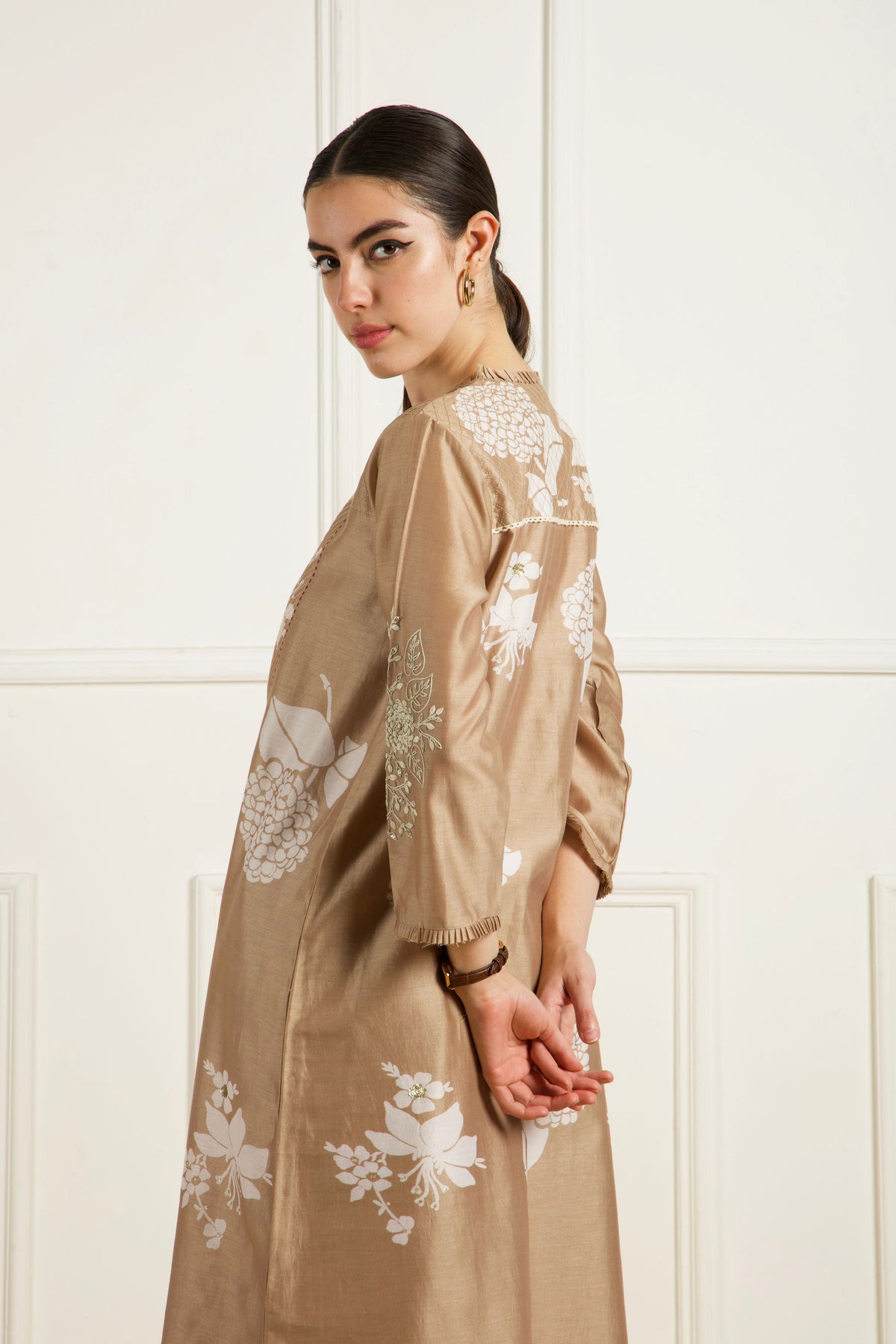 Beige Pleated Yoke Kurta Set