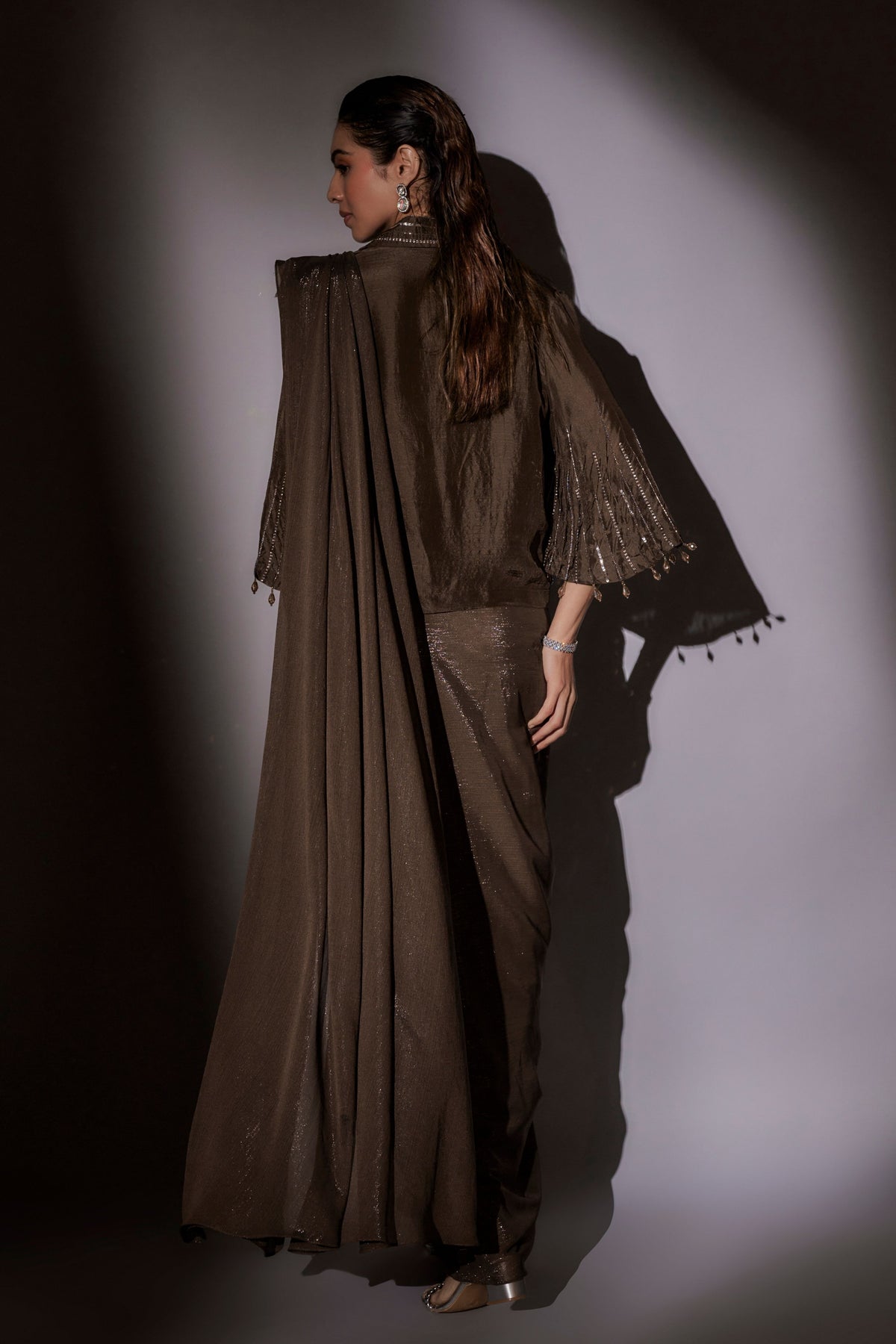 Coffe Pre-Draped Saree Set