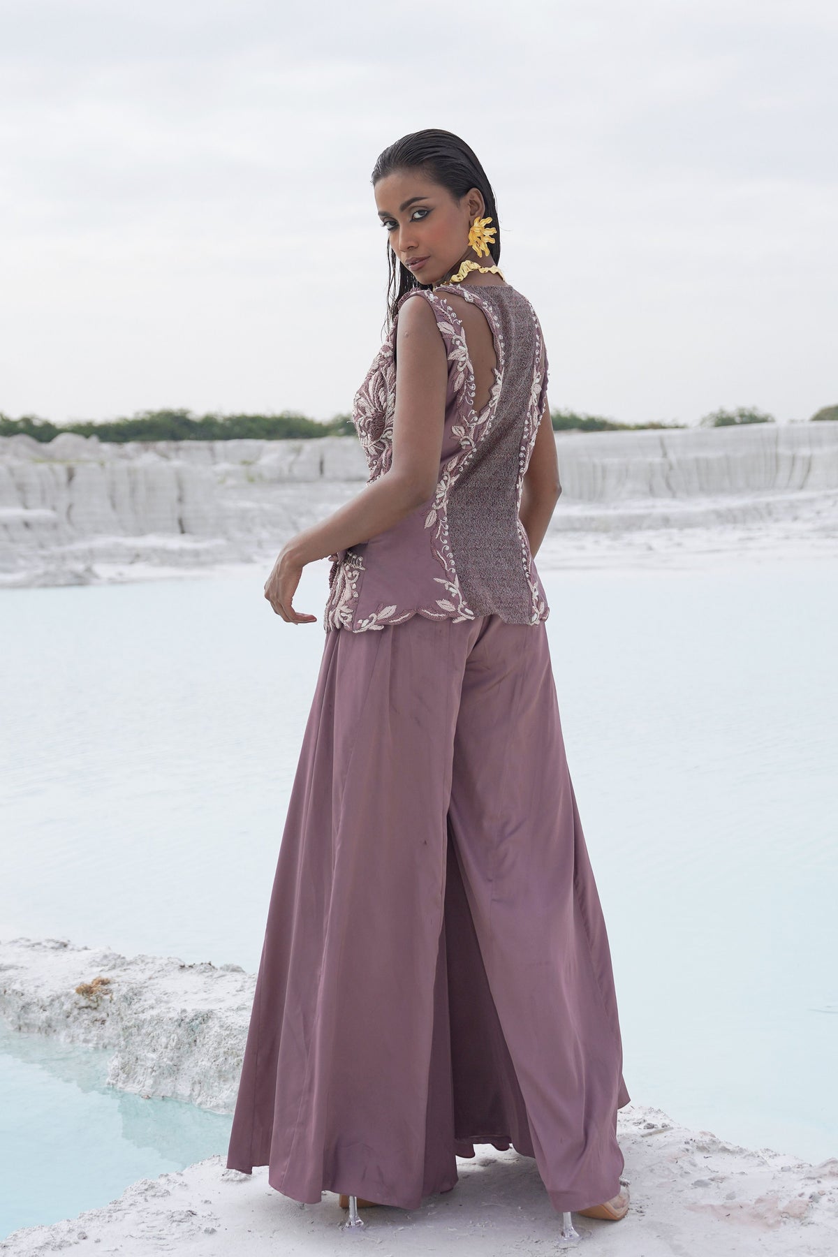 Pastel Purple Embroidered Palazzo Set