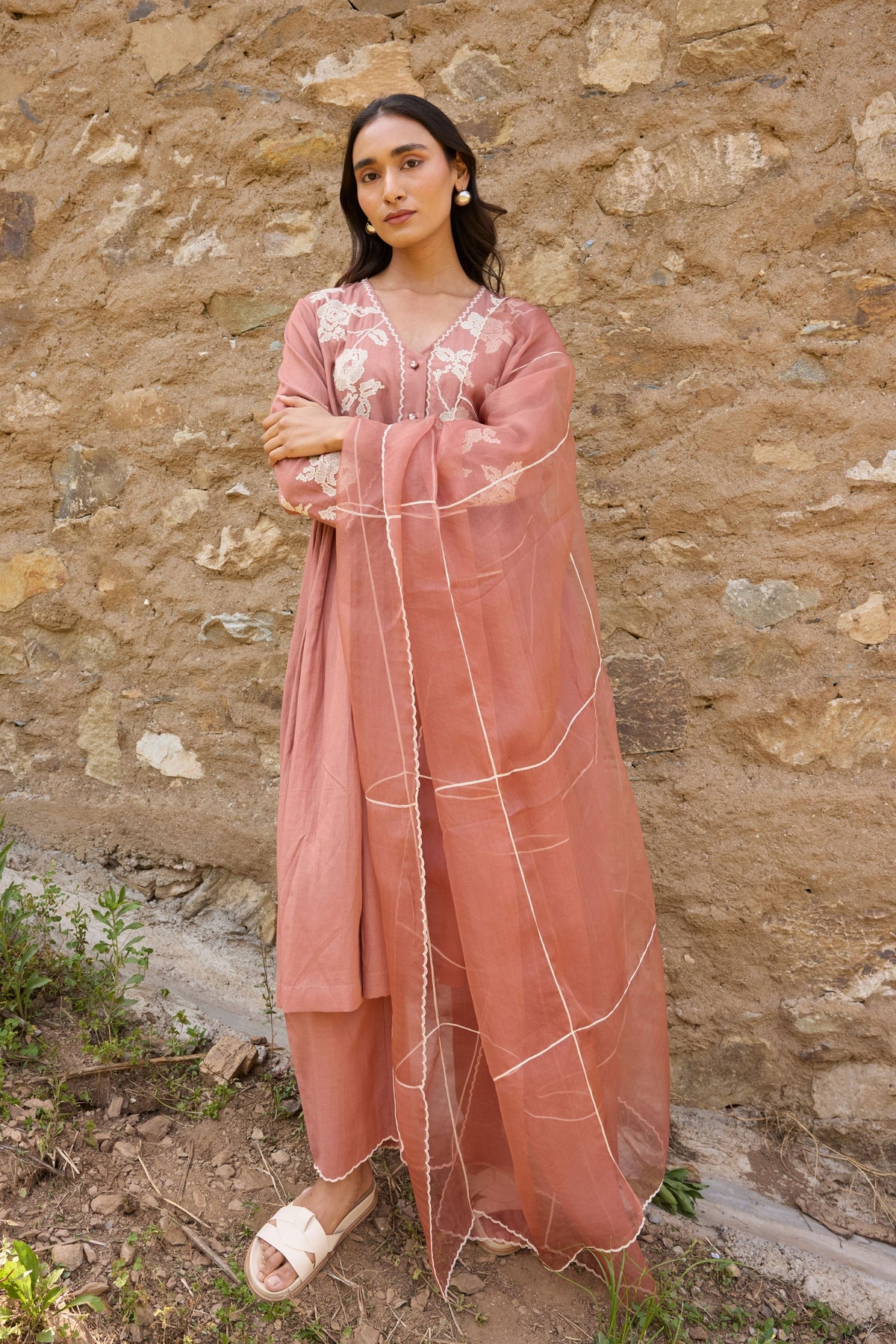 Brown Gathered Embroidered Kurta