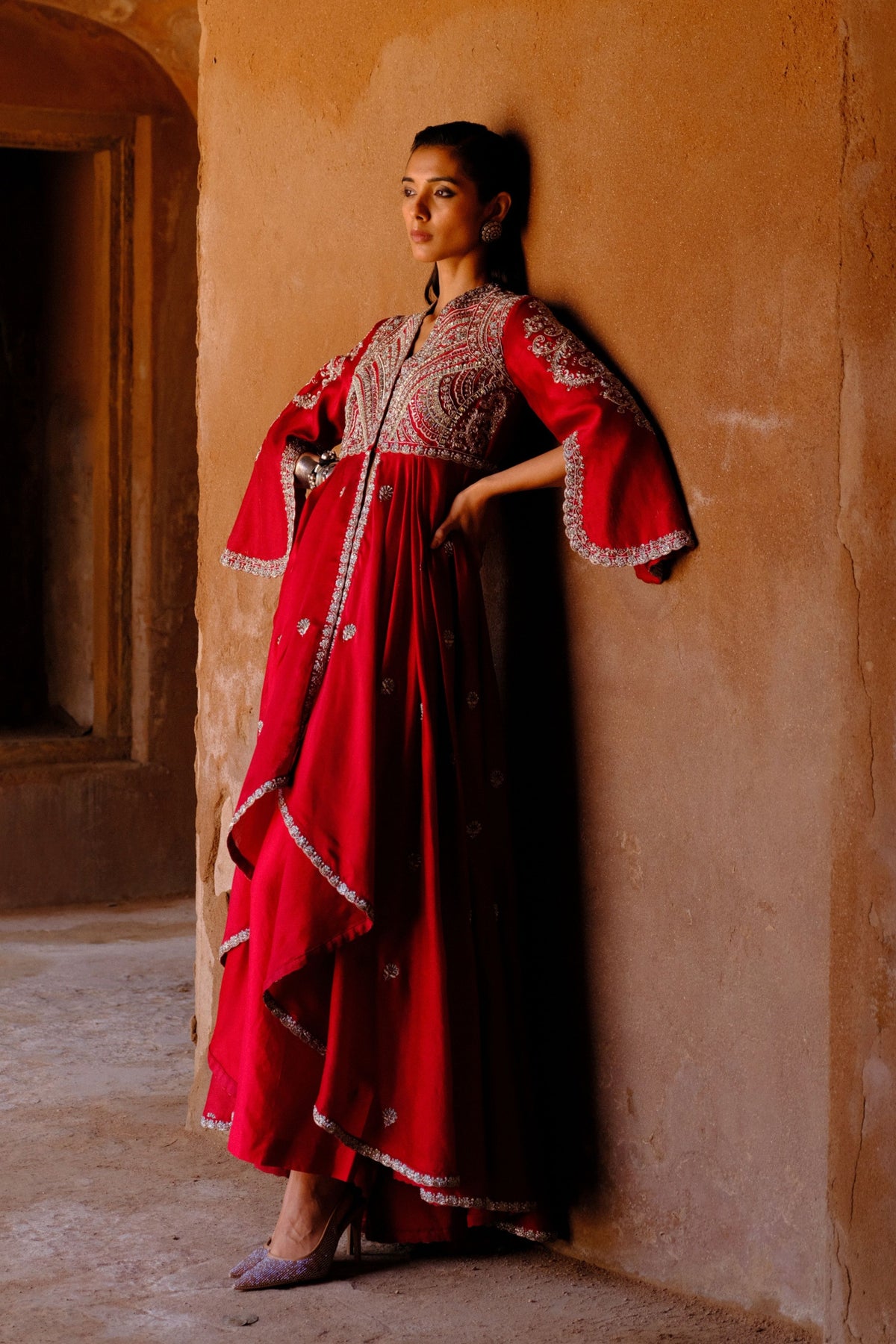 Embroidery Red Anarkali Set