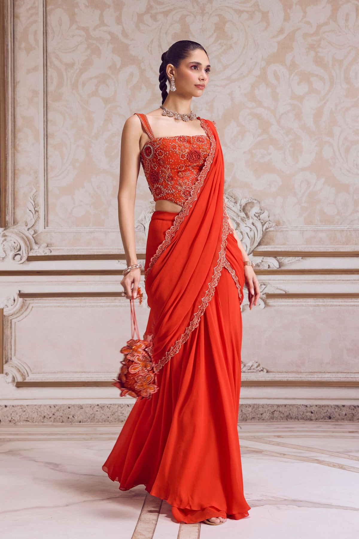 Rust Pre-draped Saree Set